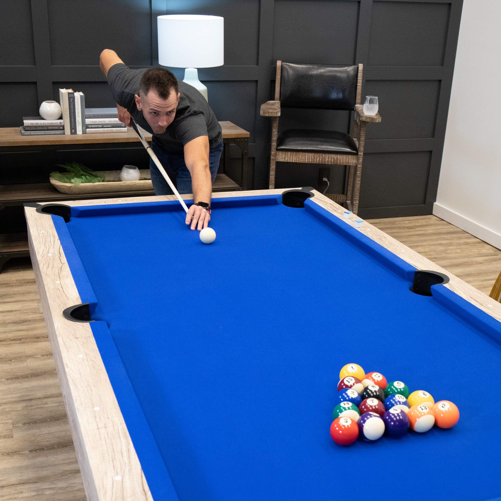 Kirkwood American Legend 84” Billiard Table with Rustic Blond Finish, K-Shaped Legs and Royal Blue Cloth