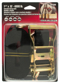 1.5" x 15' Medium Duty Ratcheting Tie-Down Strap Erickson with double J-hook, 4000 lb Load Capacity