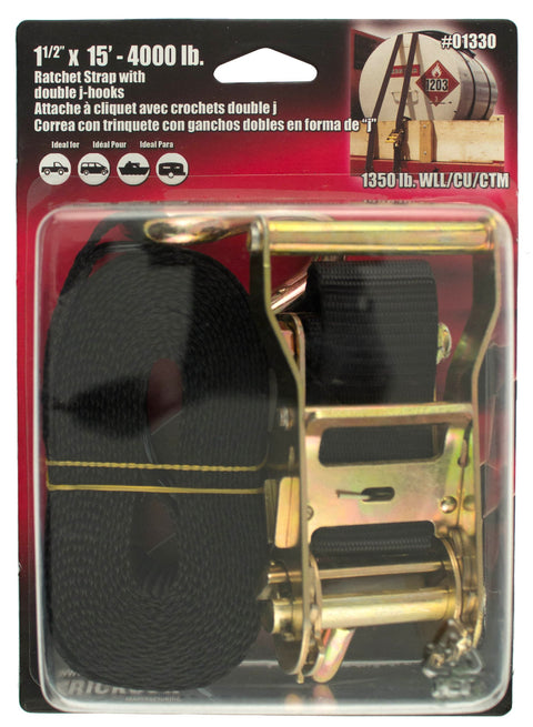 1.5" x 15' Medium Duty Ratcheting Tie-Down Strap Erickson with double J-hook, 4000 lb Load Capacity