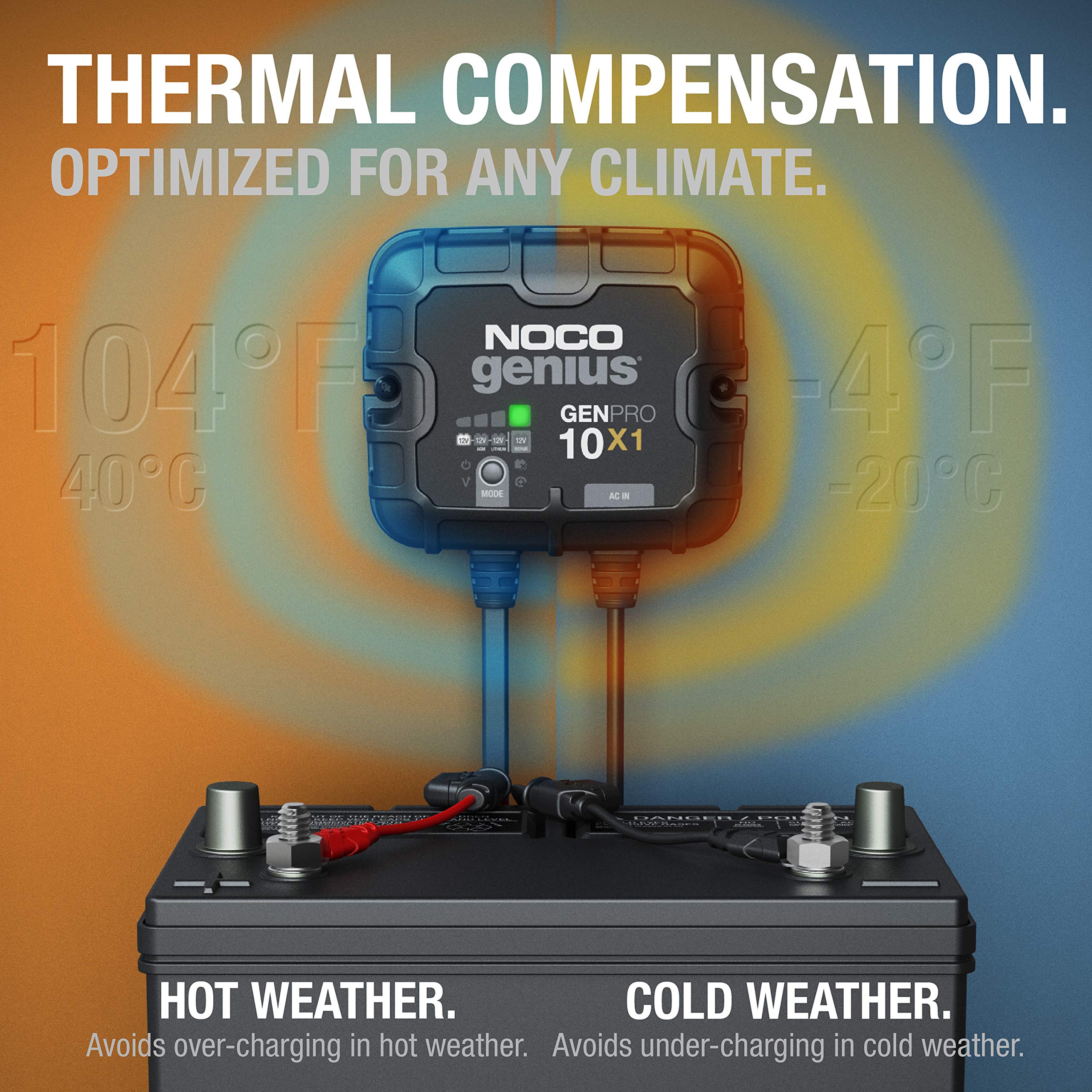 GENPRO10X1 NOCO Genius: 1-Bank, 10A Onboard Battery Charger - 10A Per Bank, 12V Waterproof Marine Charger with Overcharge Protection & Temperature Compensation – for Lead-Acid & Lithium Batteries