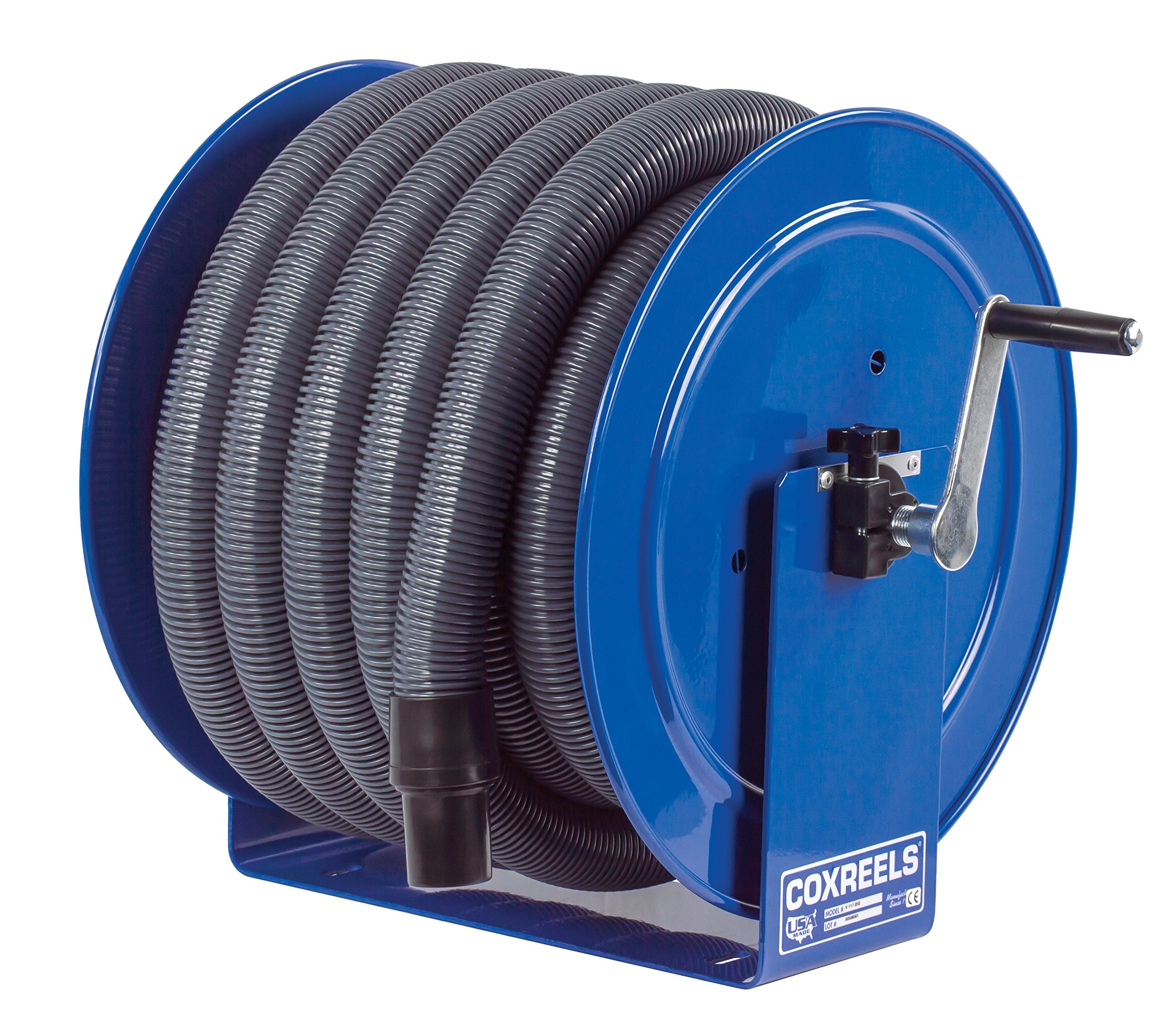 Coxreels V-117-850 Vacuum Only V-117H-835 Direct Crank Rewind Hose Reel, 1-1/2" Cuff, 2" x 35' Hose, Blue