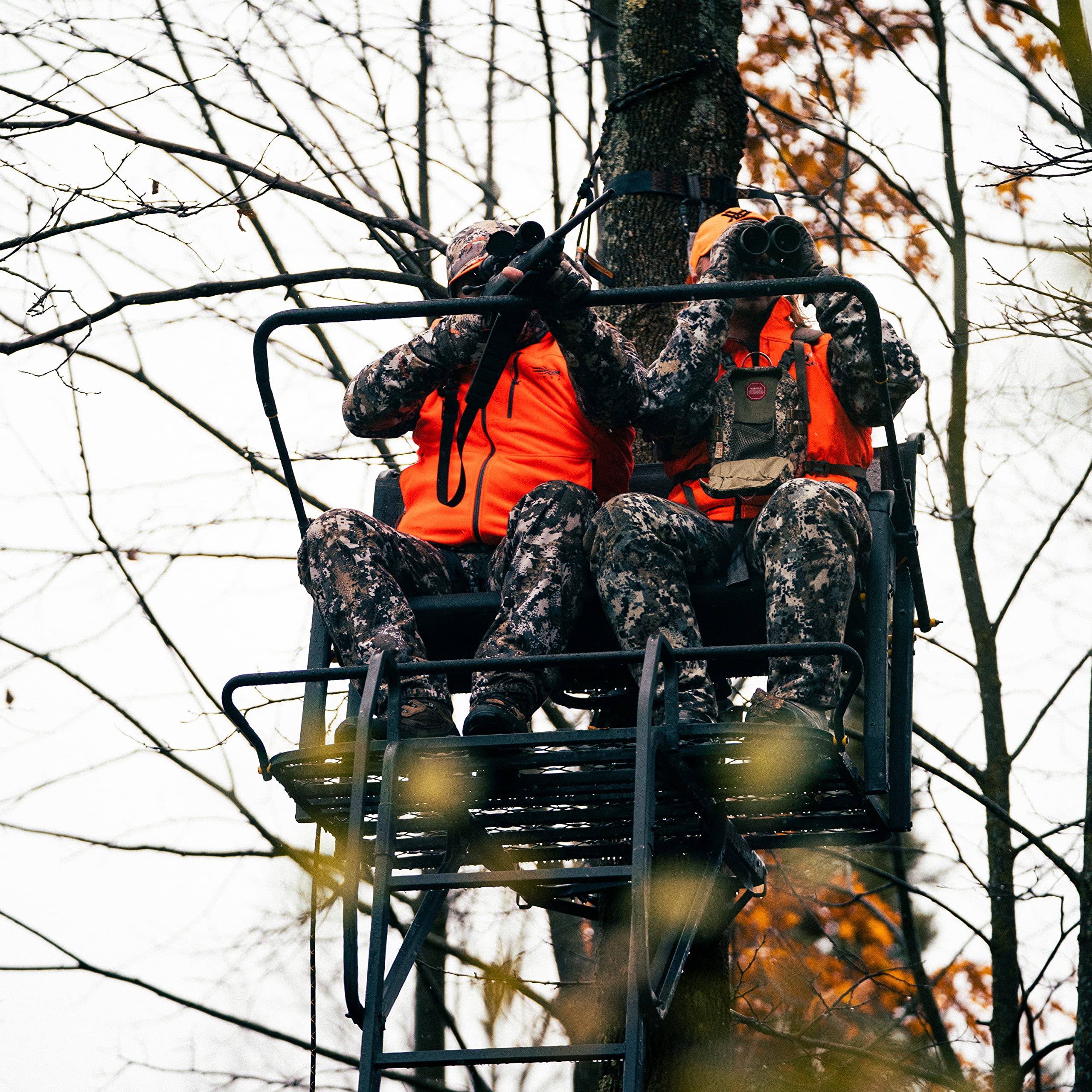Lockdown™ 2-Man Rivers Edge® 17' Height, Flip-Up TearTuff™ Mesh Bench Seat, The Ultimate Shooting Rail, Patent-Pending Ground-Level Ratcheting Technology™, LD203