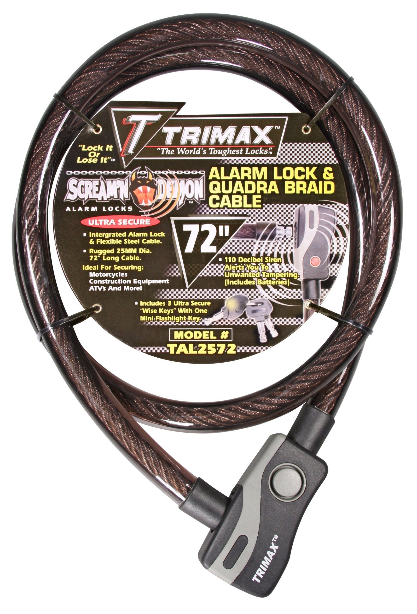 TAL2572 Trimax 6' x 25 mm Alarm Lock and Quadra-Braid Cable, Black
