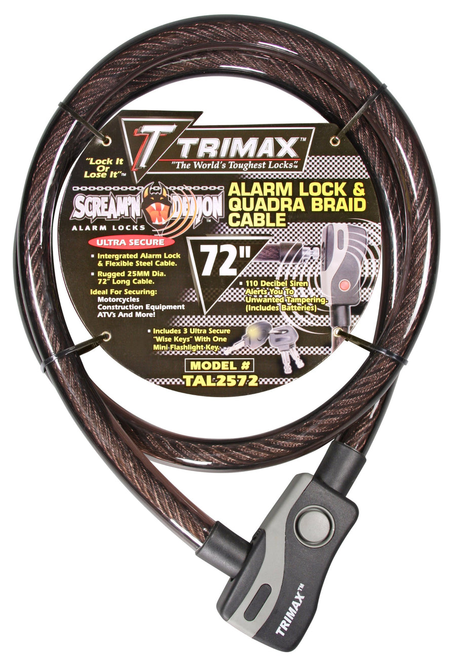 TAL2572 Trimax 6' x 25 mm Alarm Lock and Quadra-Braid Cable, Black