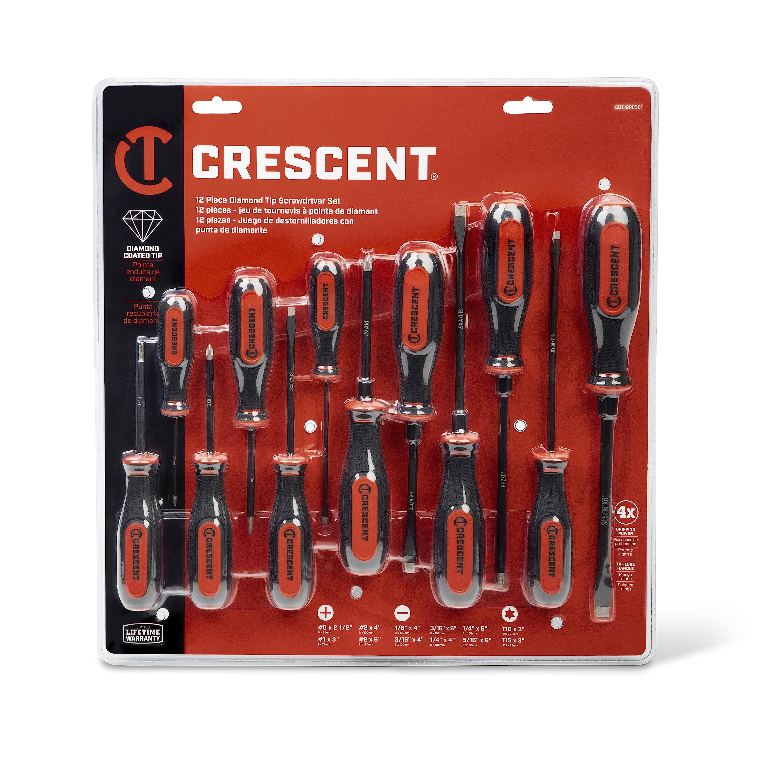 Crescent 12 Pc. Dual Material Diamond Tip Screwdriver Set with Phillips, Slotted, and Torx Screwdrivers - CDT12PCSET