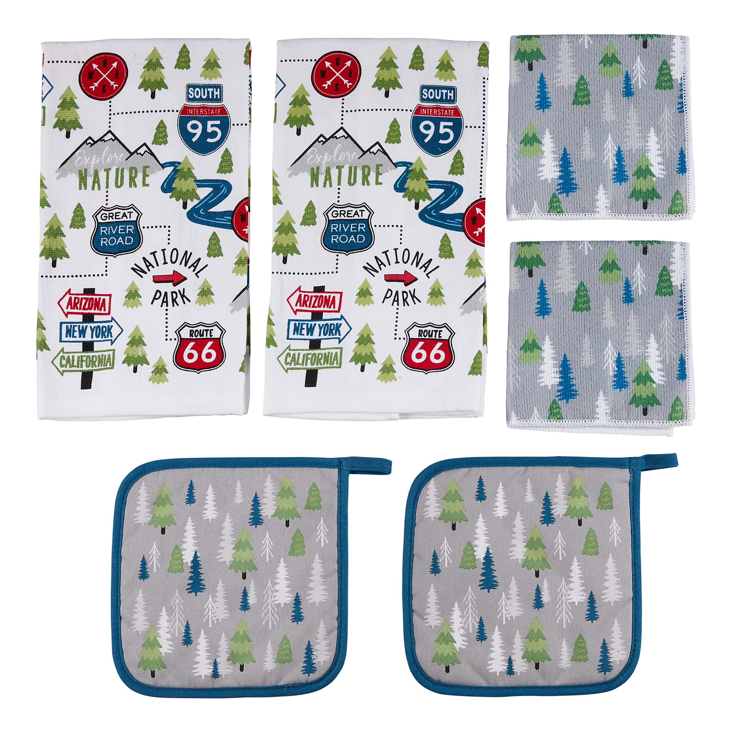 Lippert™ RV Kitchen Towel & Potholder Set, 6 Pieces, Unique Road Sign Design – Two Kitchen Towels, Two Dish Cloths and Two Potholders Rated up to 400°F – Machine Washable – 2022107828