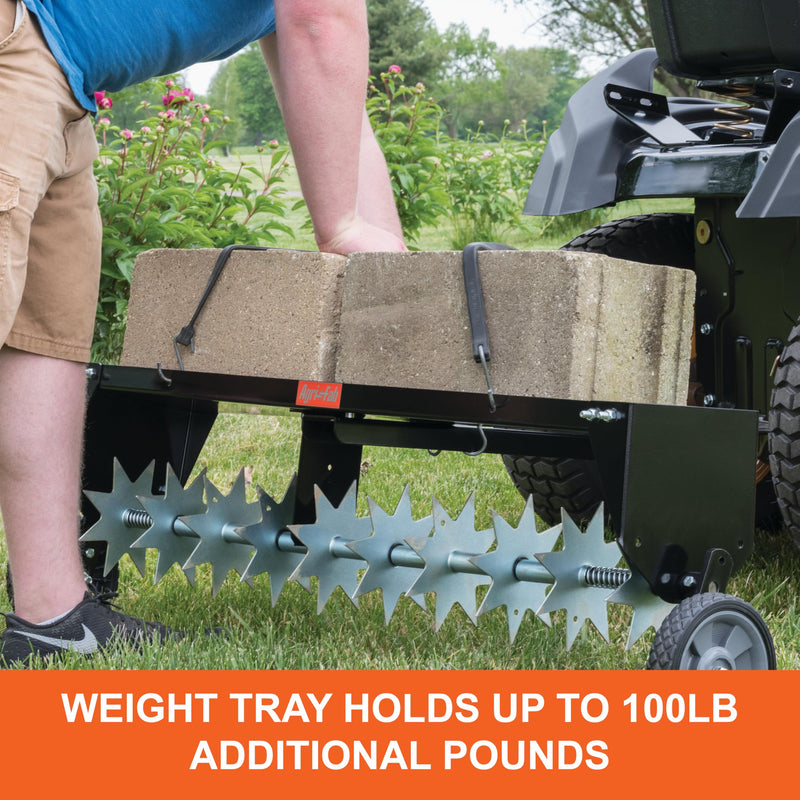 40 inch Agri-Fab Tow Behind Spike Aerator for Aerating Lawns; 10 Galvanized Steel Spike Disks, Universal Hitch, Black