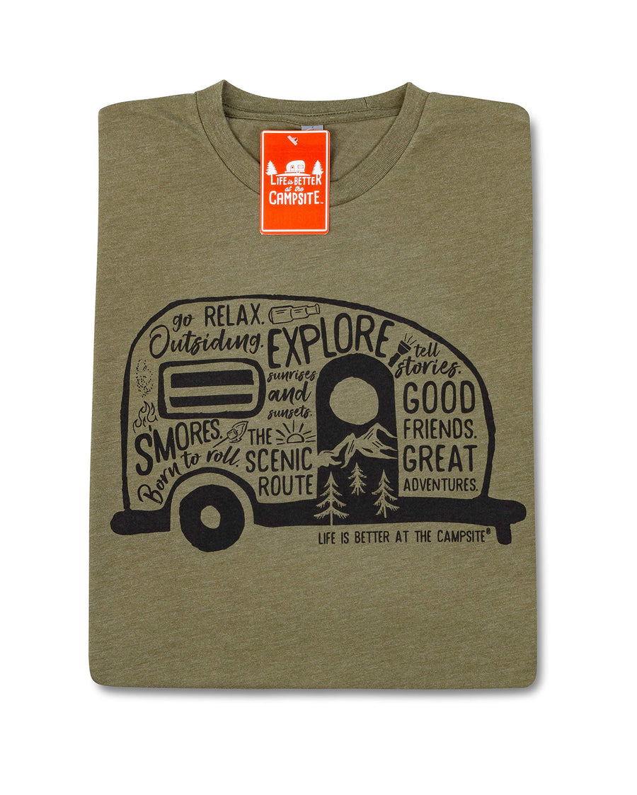 Camco Crew Neck Life is Better at The Campsite Short Sleeve T-Shirt | Features Soft Ring-Spun Cotton Fabric, Graffiti RV Design on Olive, and is Machine Washable | XX-Large (53344)