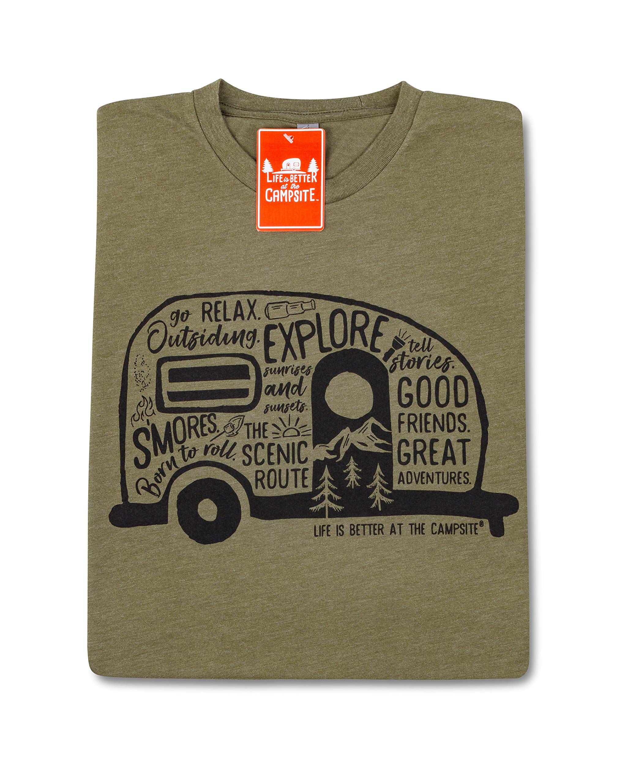 Camco Crew Neck Life is Better at The Campsite Short Sleeve T-Shirt | Features Soft Ring-Spun Cotton Fabric, Graffiti RV Design on Olive, and is Machine Washable | Medium (53341)