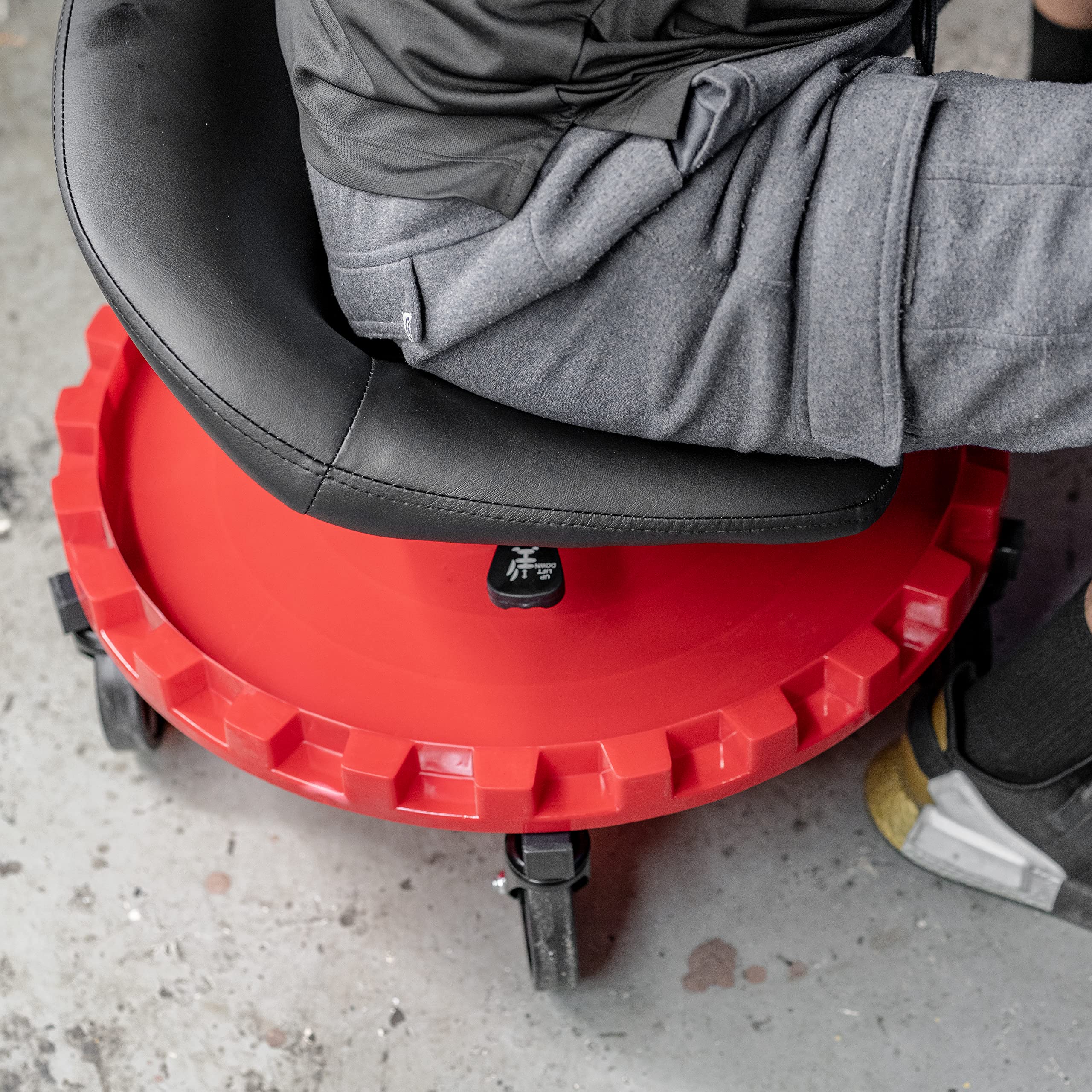 Monster Traxion 2-230 Rolling Padded Mechanic Stool Seat Garage Shop Roller Work Chair with Wheels and Tool Tray, Heavy-Duty 400-lb Capacity, All-Terrain 5" Casters, Black Red