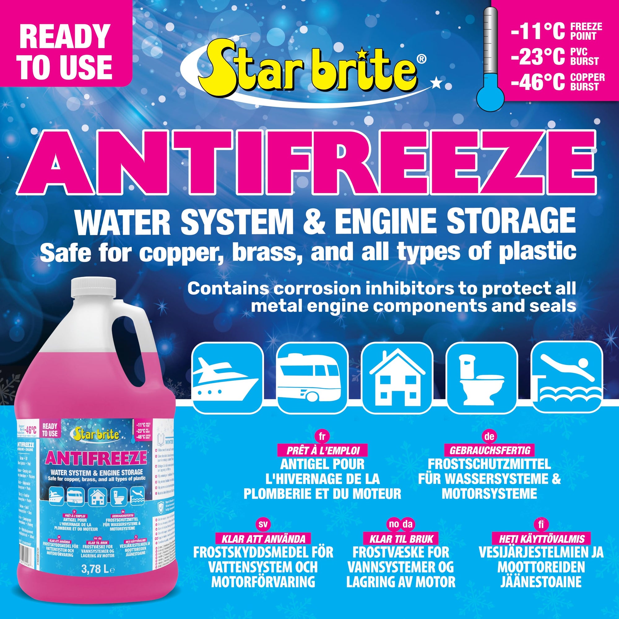 Premium STAR BRITE -50°F RV & Marine Antifreeze, Non-Toxic Engine & Water System Winterizer, Corrosion Inhibitors, Safe for Metals & Plastics