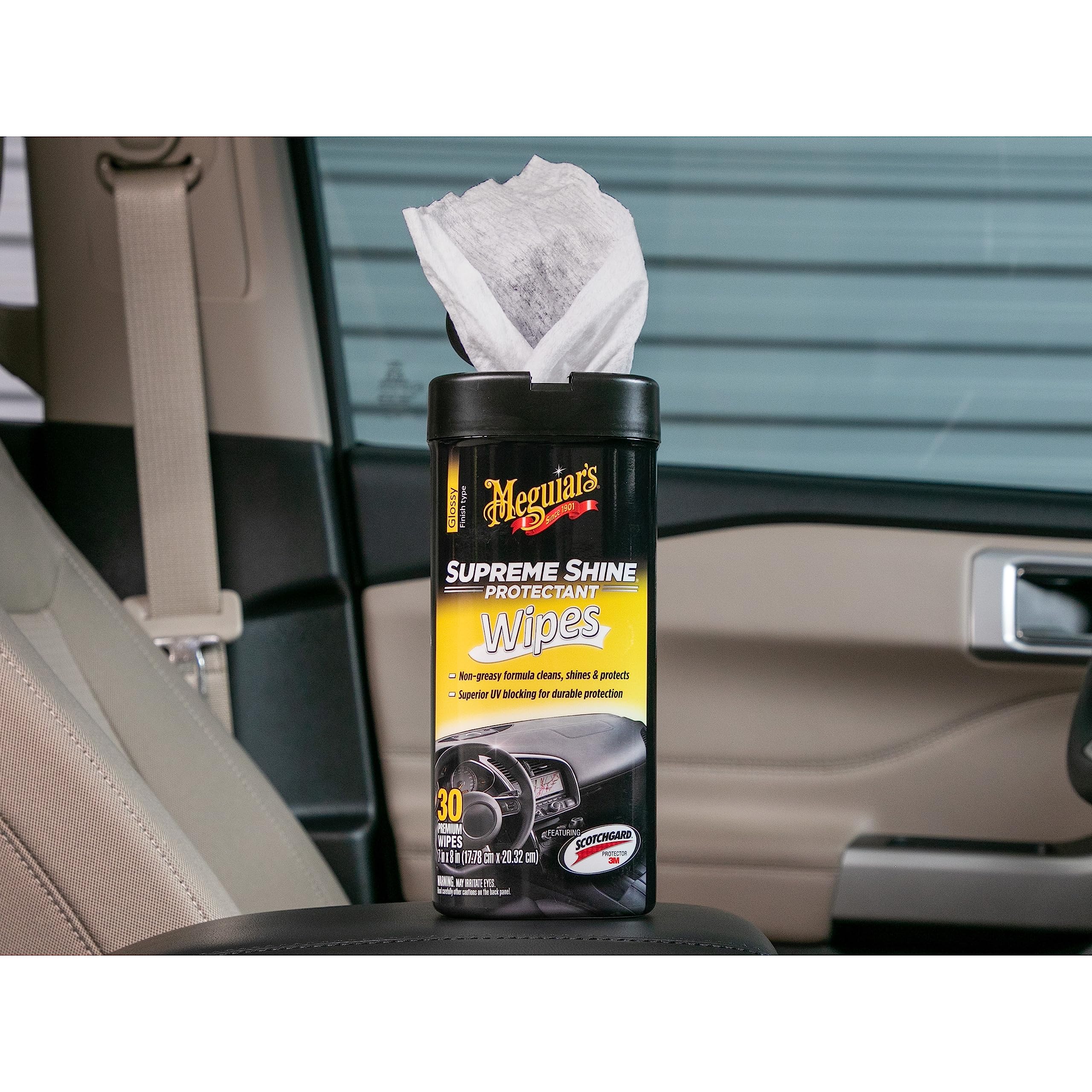 Meguiar's Protectant Wipes Supreme Shine - Convenient Wipes with UV Blocking for Durable Protection, Premium Car Wipe that Clean and Leave a Non-Greasy Glossy Shine, 30 Count