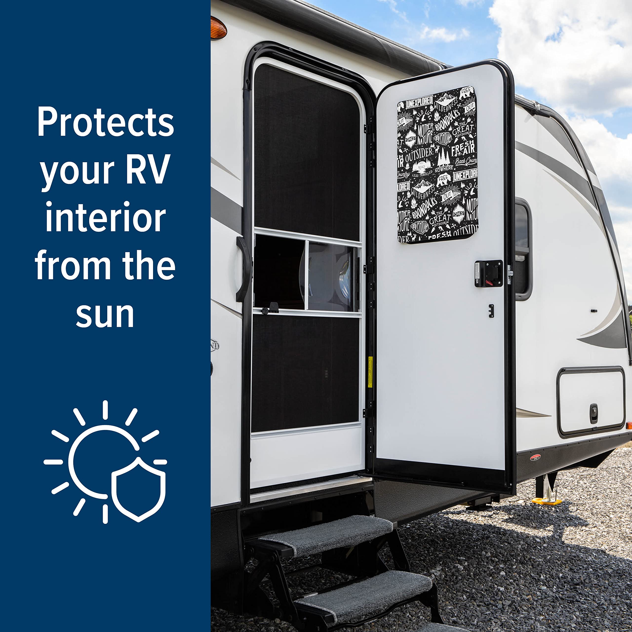 Camco RV Door Window Life is Better at The Campsite Light Blocking Shade | Helps Keep The Interior Temperature Cooler in Hot Weather | Provides Added Privacy | (53052)