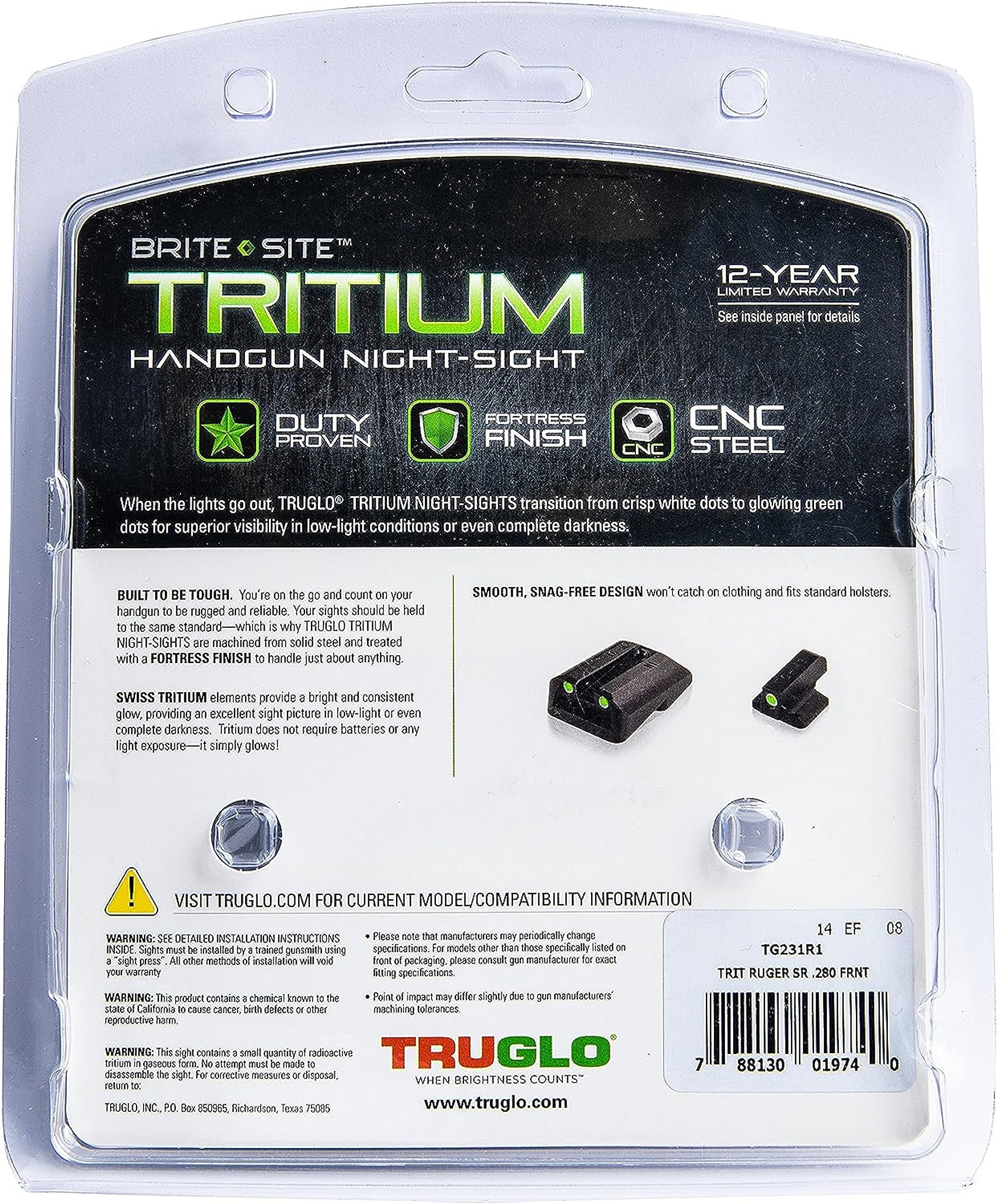 Handgun Tritium Glow-in-the-Dark Night Sights for Ruger Pistols, Ruger SR9, SR9C, SR40, SR40C, SR45