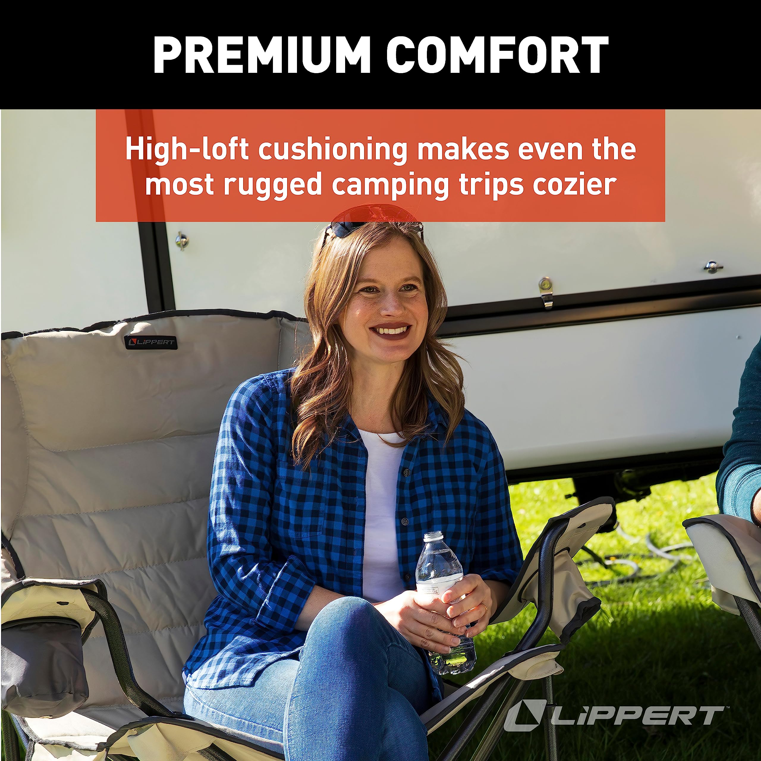 Lippert Deluxe Campfire Folding Chair - Sand, High-Loft, Foldable Cushion Chair, Dual Cup Holders, Power Coated Steel Frame, Durable 600D Outdoor Polyester Fabric, 500 lb. Capacity, 2022114819