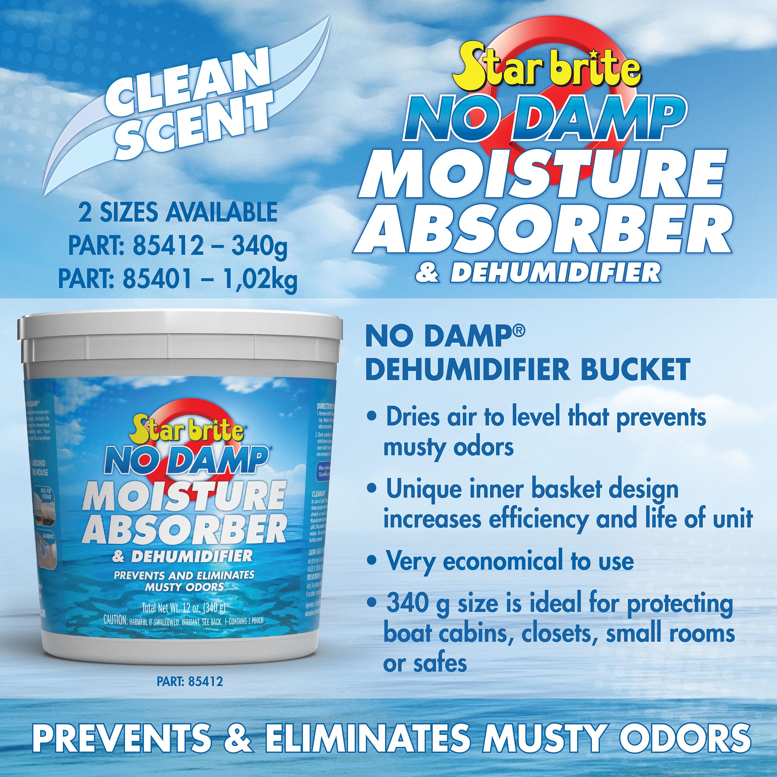 No Damp STAR BRITE Moisture Absorber & Dehumidifier - Simple, Portable, Humidity Control for Boats, RVs, Seasonal Homes & More - Prevent Musty Odor & Moisture Damage - 12 OZ (085412)