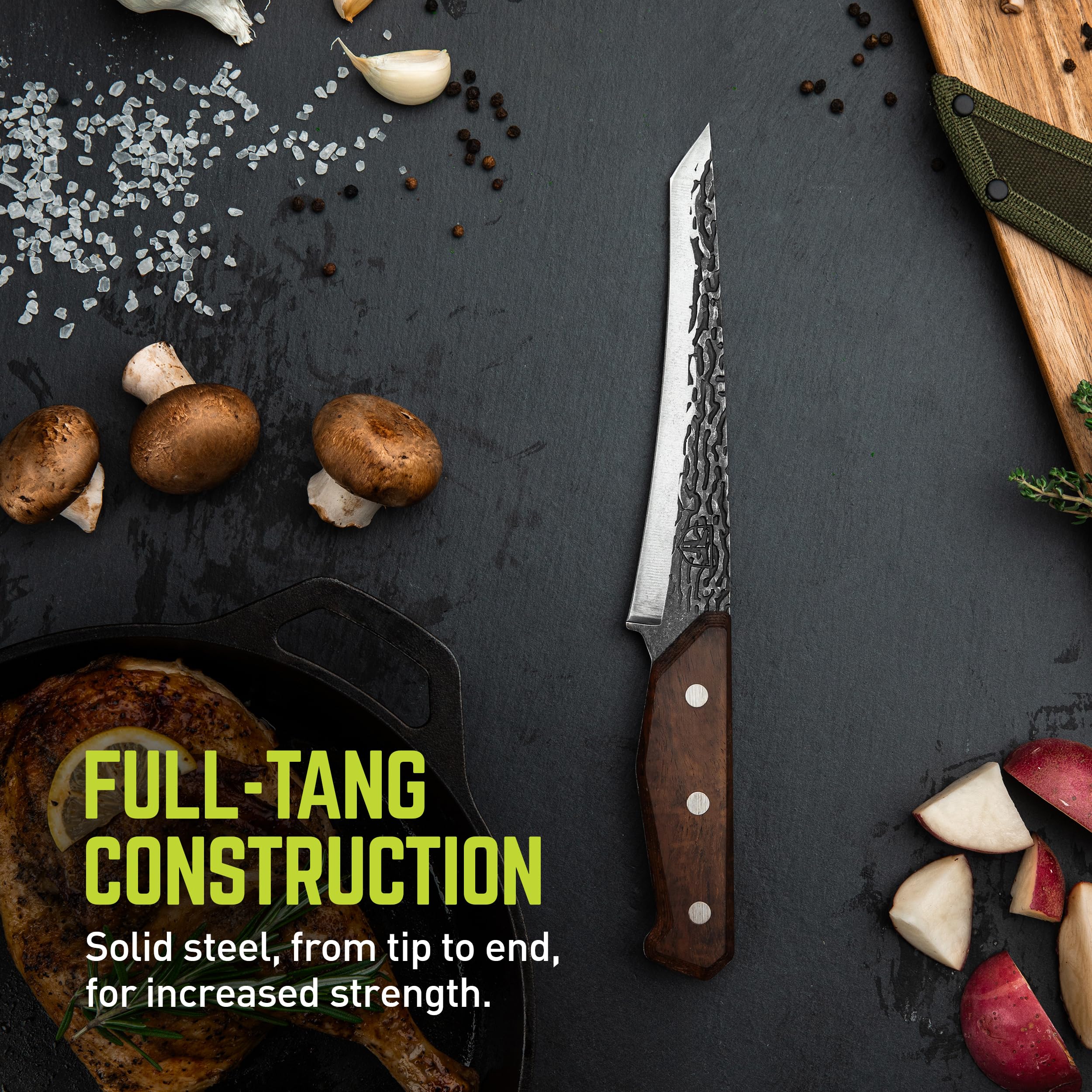 PrimalForge TRUE Tanto Slicer Knife | Cutlery Knife, All-Purpose, Precision Carving Cutting & Boning, 5Cr15MoV Stainless Steel, Wood Handle, Water-Resistant, Hand Forged Appearance