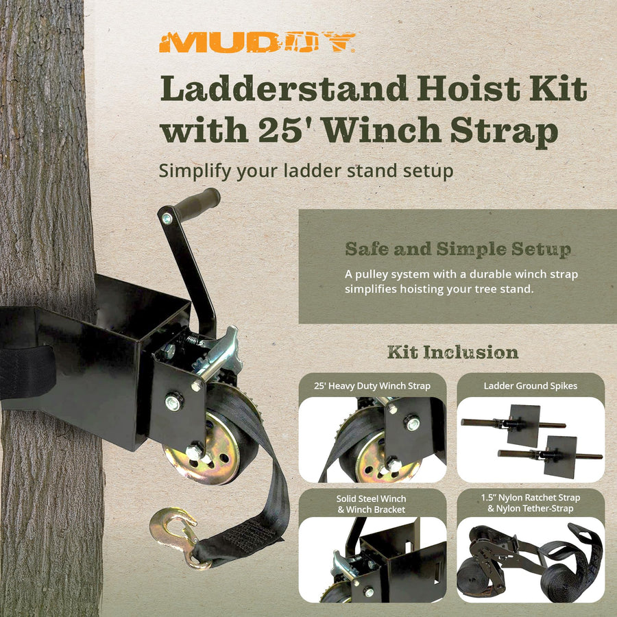 Muddy Ladderstand Hunting Tree Stand Installation Hoist Kit with 25 Foot Heavy Duty Winch Strap, Solid Steel Winch, and Pully System
