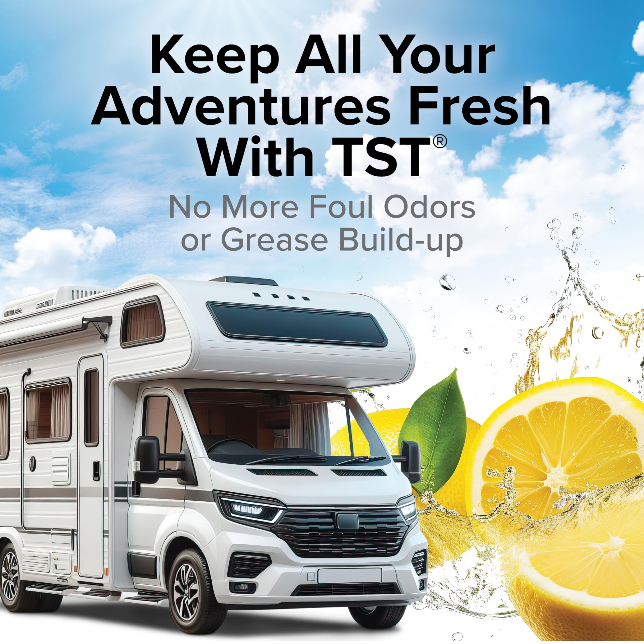 Camco TST Grey Water Odor Control Camper/RV - Removes Grease Buildup in Gray Water Tank, Sink & Shower Drains - 4oz Treats 40-Gal Holding Tank - Safe Septic Tank Treatment - Lemon, 64 oz (40256)