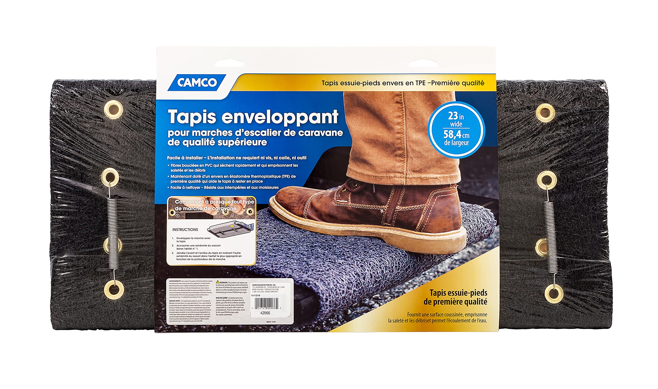 Camco Wrap Around Premium RV Step Rug | Fits 23-inch Wide Steps | Adjustable Depth of 8-inches to 11-inches | Compatible with Manual or Electric RV Steps | Black (42966)