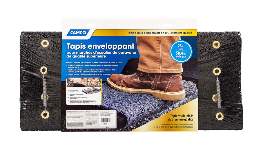 Camco Wrap Around Premium RV Step Rug | Fits 23-inch Wide Steps | Adjustable Depth of 8-inches to 11-inches | Compatible with Manual or Electric RV Steps | Black (42966)