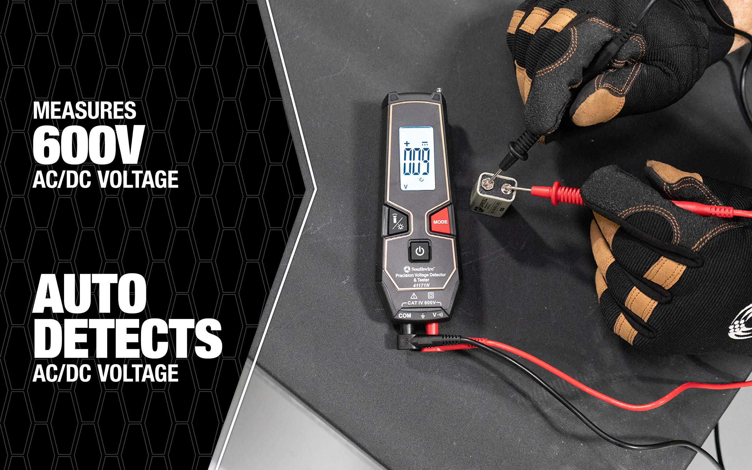 Tester Southwire LCD 600VAC/VDC NCV - Auto Detects AC or DC Voltage - Built-In Worklight - Backlit Display - Non-Contact Voltage Detection