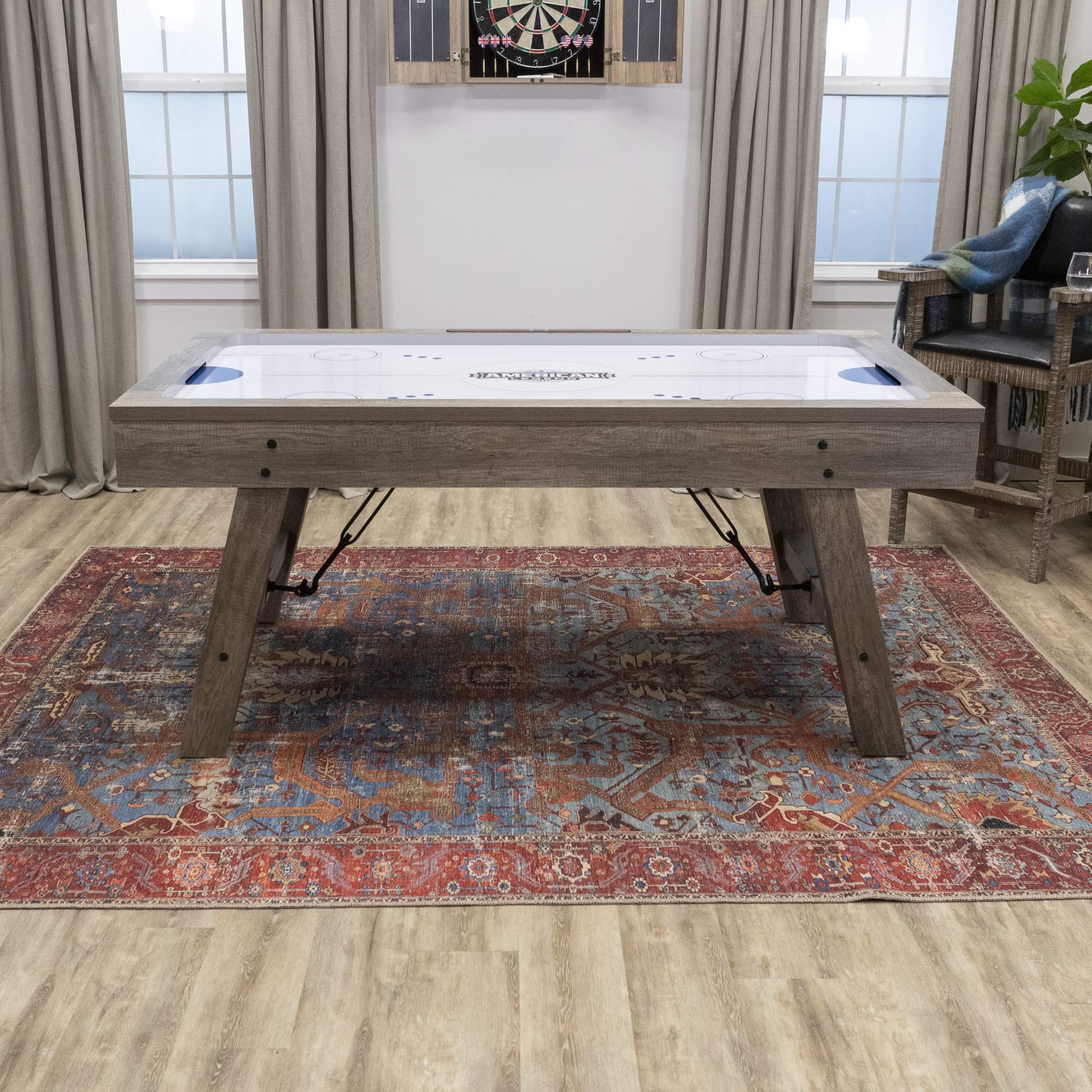 Brookdale American Legend Air-Powered Hockey Table with Rustic Wood Grain Finish, Angled Legs and Turnbuckle Accents Brown, 75.31"L x 38.98"W x 8.5"H