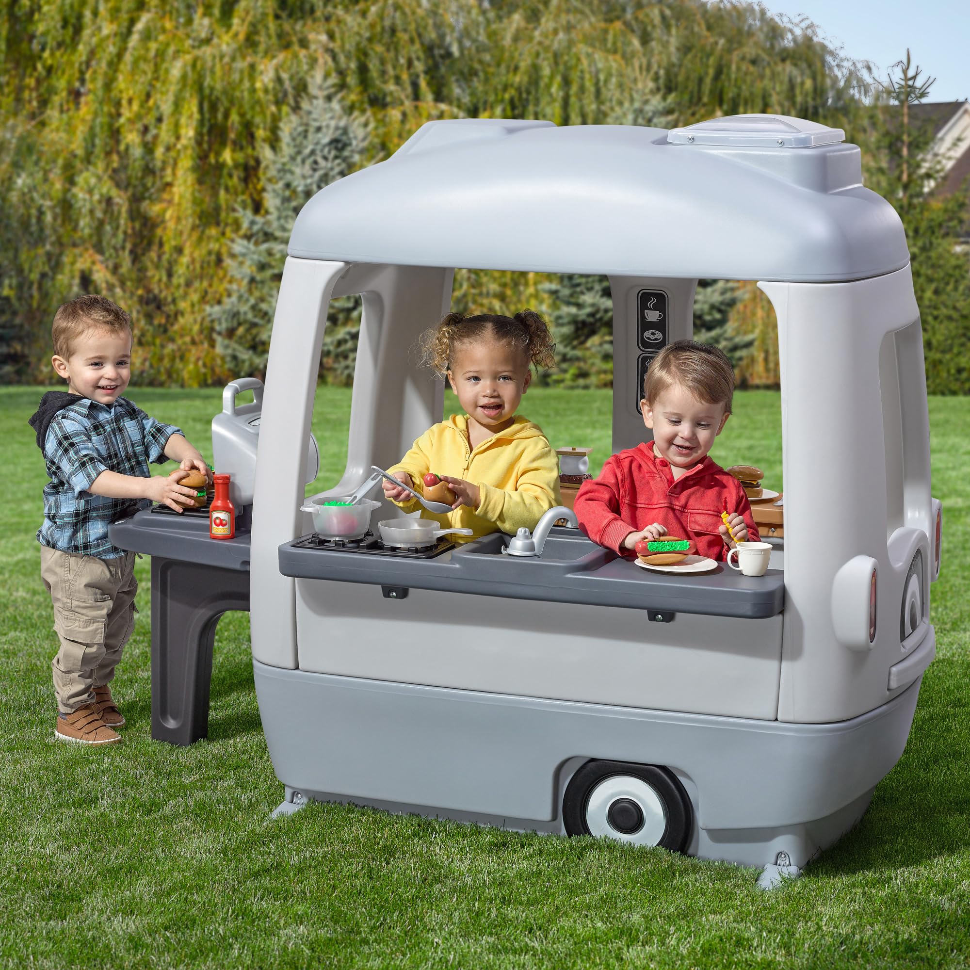 Step2 Kids Adventure Camper Playhouse, Indoor/Outdoor Playset with Kitchenette, Interactive Doorbell Sounds, 52-Piece Toy Accessories, Durable Plastic, For Toddlers 2+ Years
