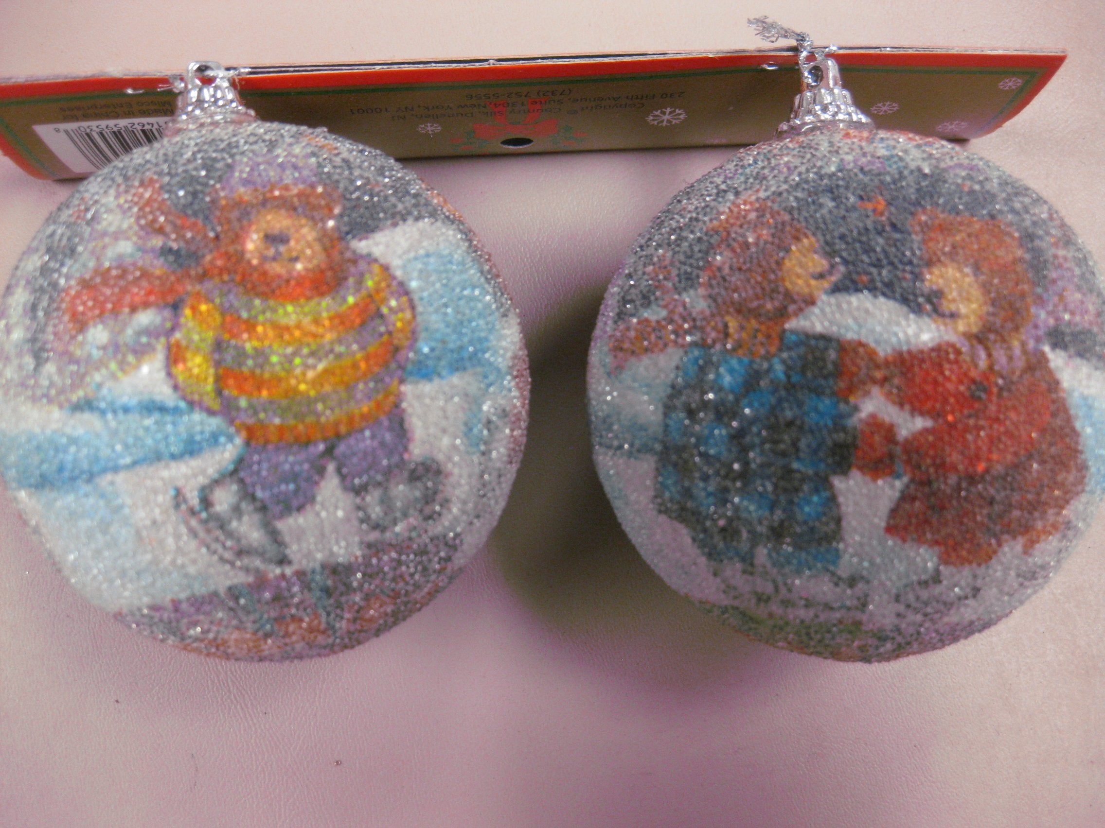 Frosted Plastic Beaded Ball Ornament With Winter Festive Holiday Scene