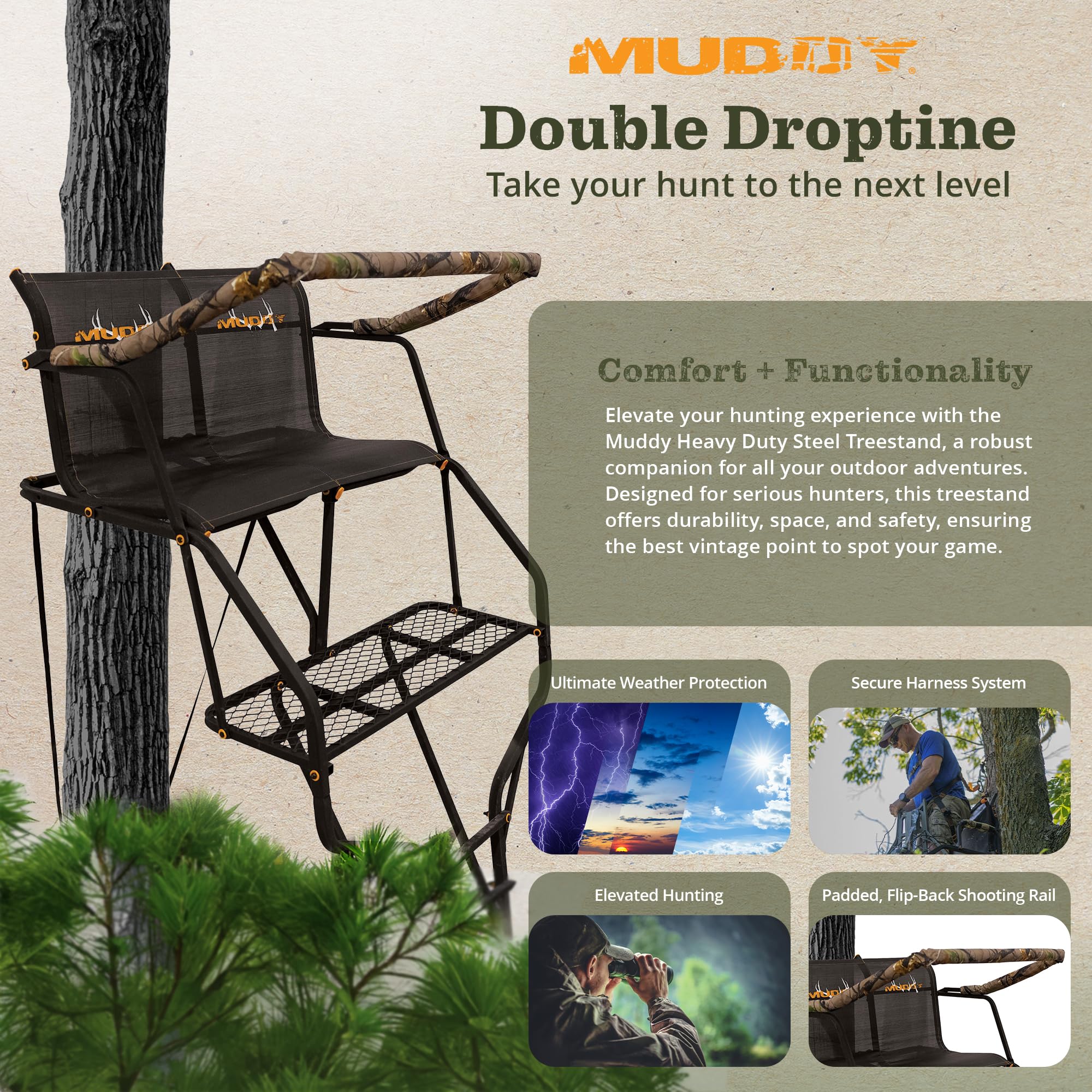 Double Droptine MUDDY Deer Hunting Ladderstand, 2 Person Climbing Tree Stand with Flex-Tek Seat and Padded Adjustable Shooting Rail