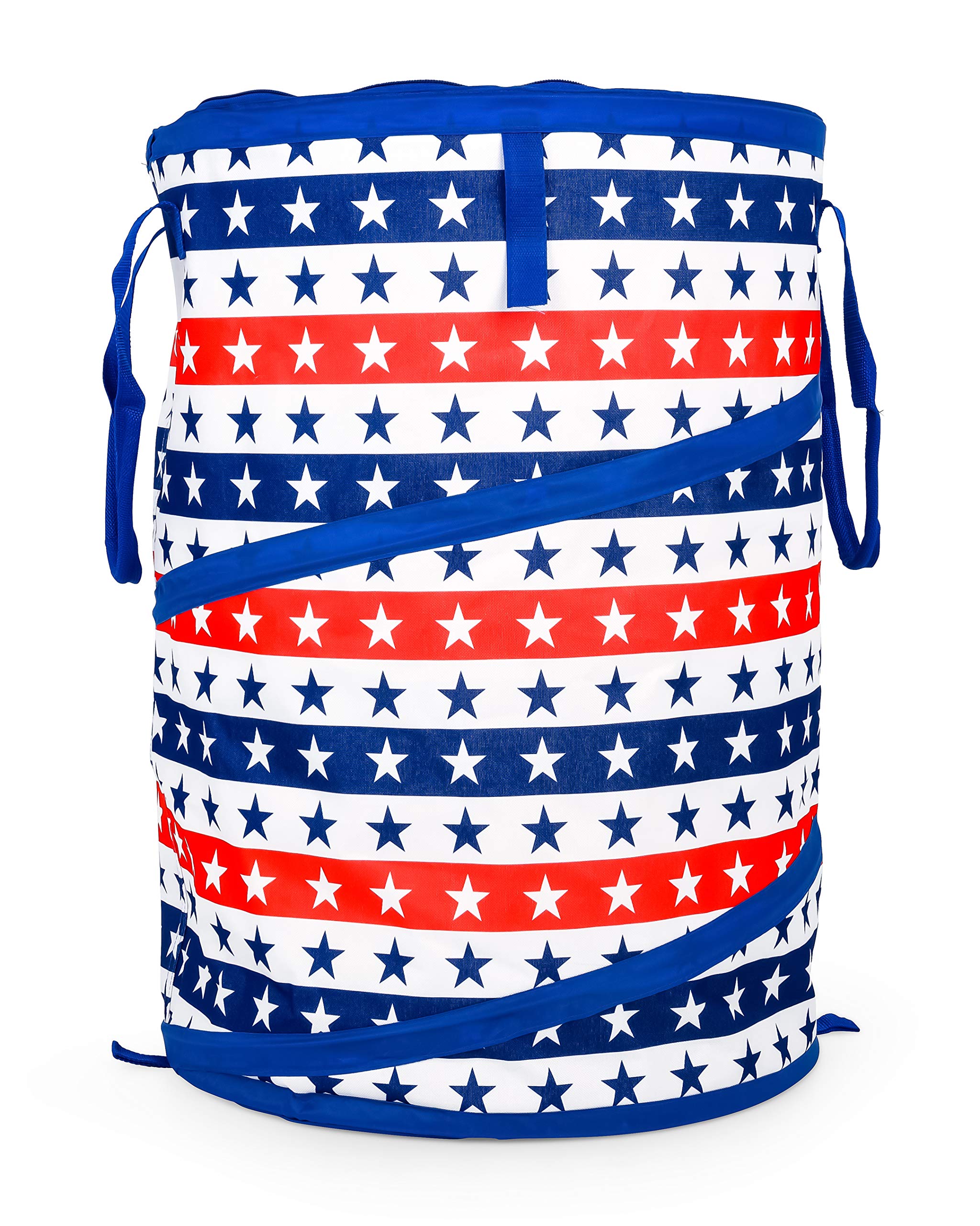 Camco RV Pop-Up Utility Container Life is Better at The Campsite - Features Red, White, and Blue Patriotic Theme & Holds 30-Gal. Kitchen-Size Trash Bags - Includes Heavy-Duty Stake (51993)