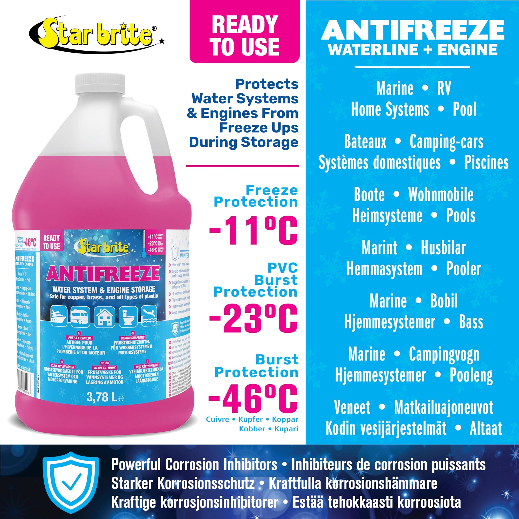 Premium STAR BRITE -50°F RV & Marine Antifreeze, Non-Toxic Engine & Water System Winterizer, Corrosion Inhibitors, Safe for Metals & Plastics