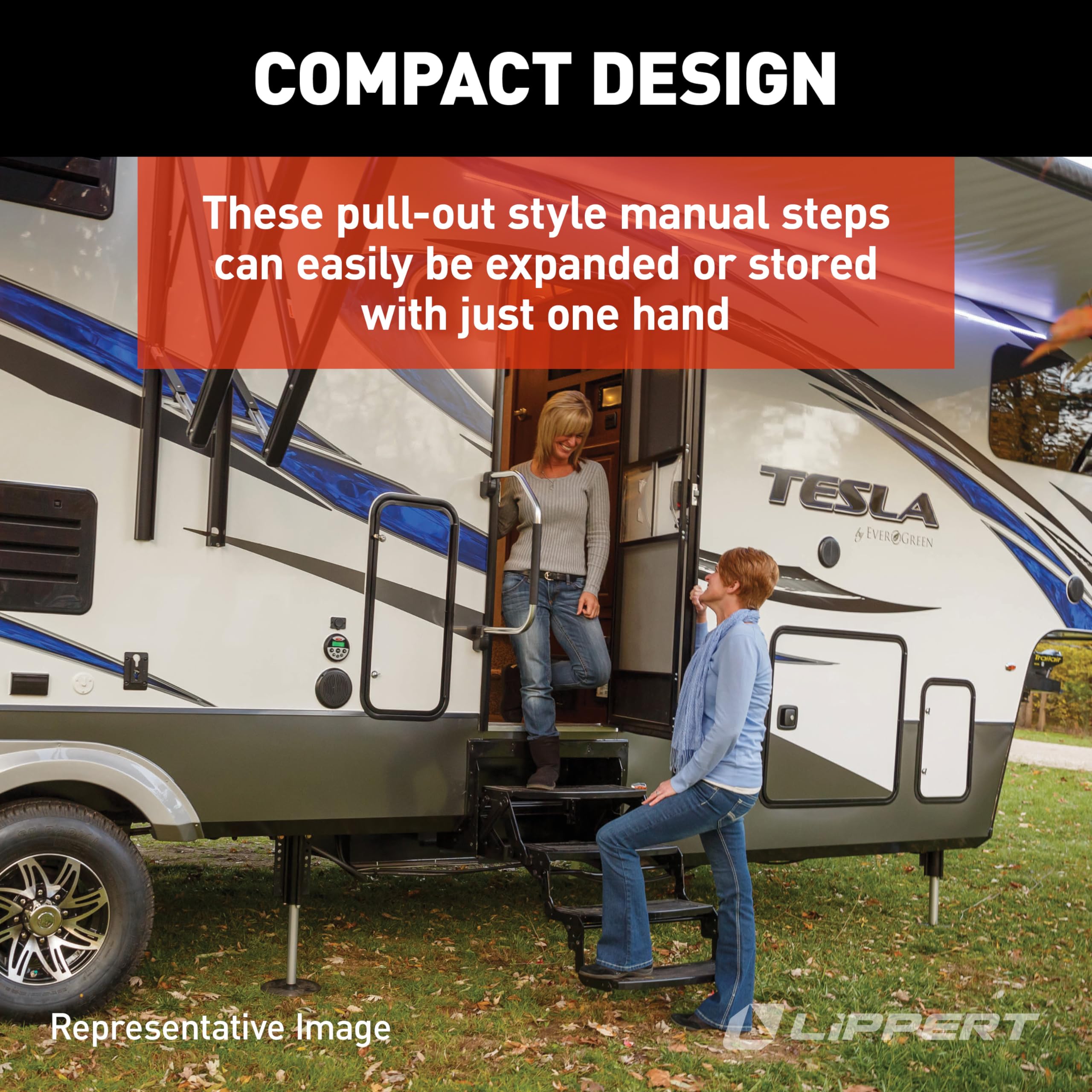 24" Radius Lippert Triple Manual RV Steps, 9" Rise for 5th Wheel RVs, Travel Trailers and Motorhomes, Anti-Slip Stepping Surface - 1774401