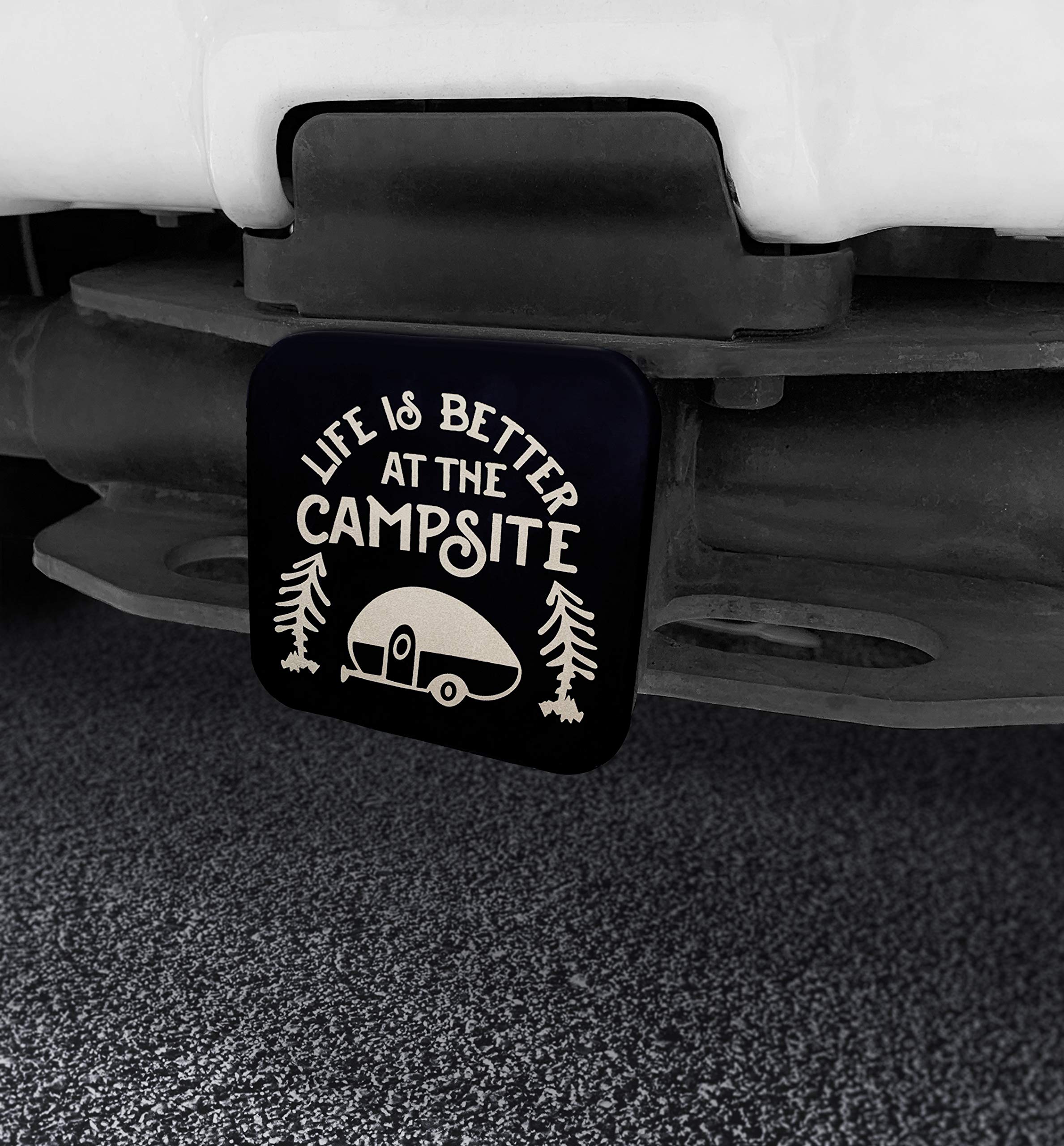 Hitch Receiver Cover Camco Life is Better at The Campsite | Protects Your Trailer Hitch Receiver from Debris, Dirt, Water and Rust | Life is Better at The Campsite Sketch Logo, Black/Silver (53410)