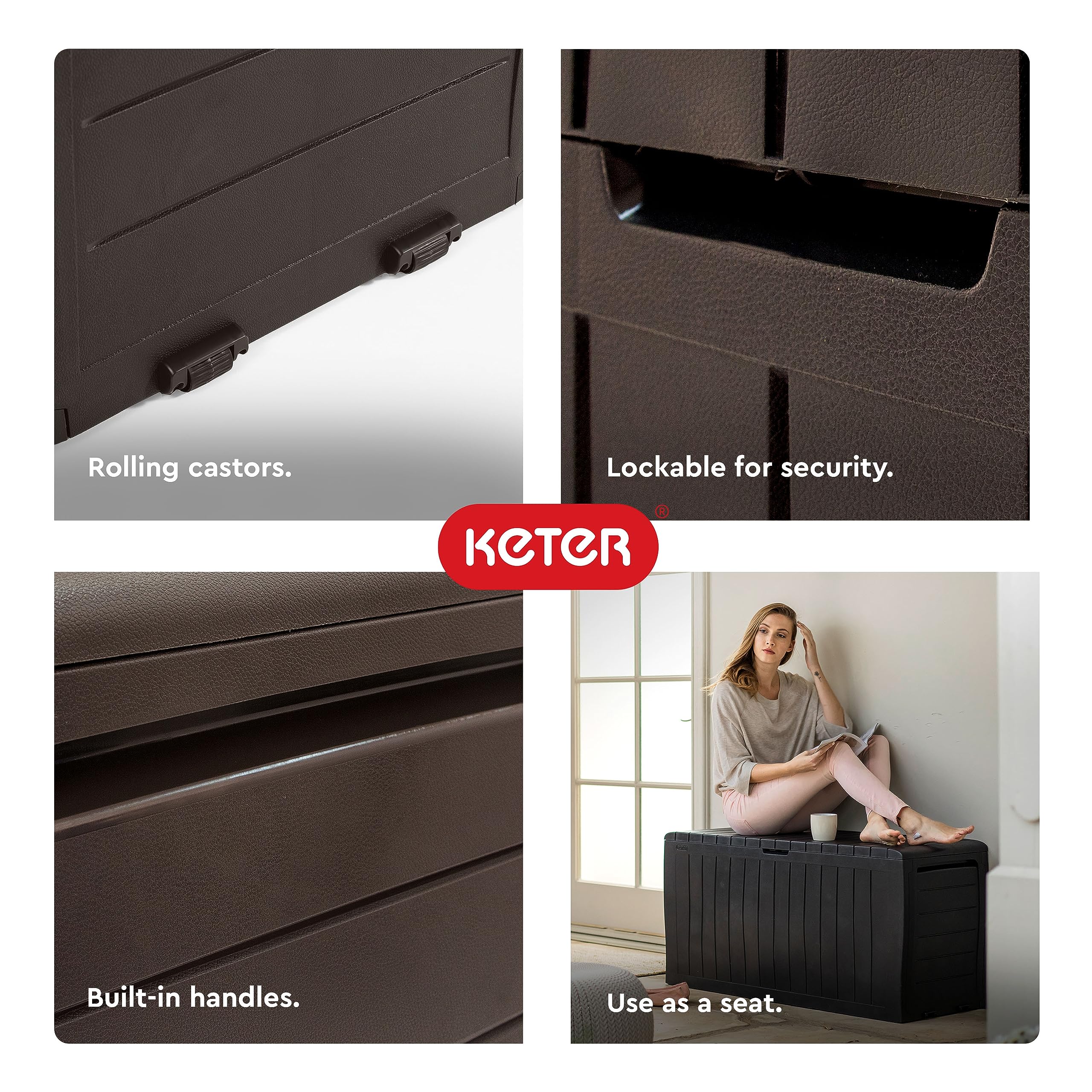 Keter 71 Gallon Marvel Plus Resin Outdoor Storage Box for Patio Furniture Cushions, Throw Pillows, Garden Tools and Pool Floats, Brown