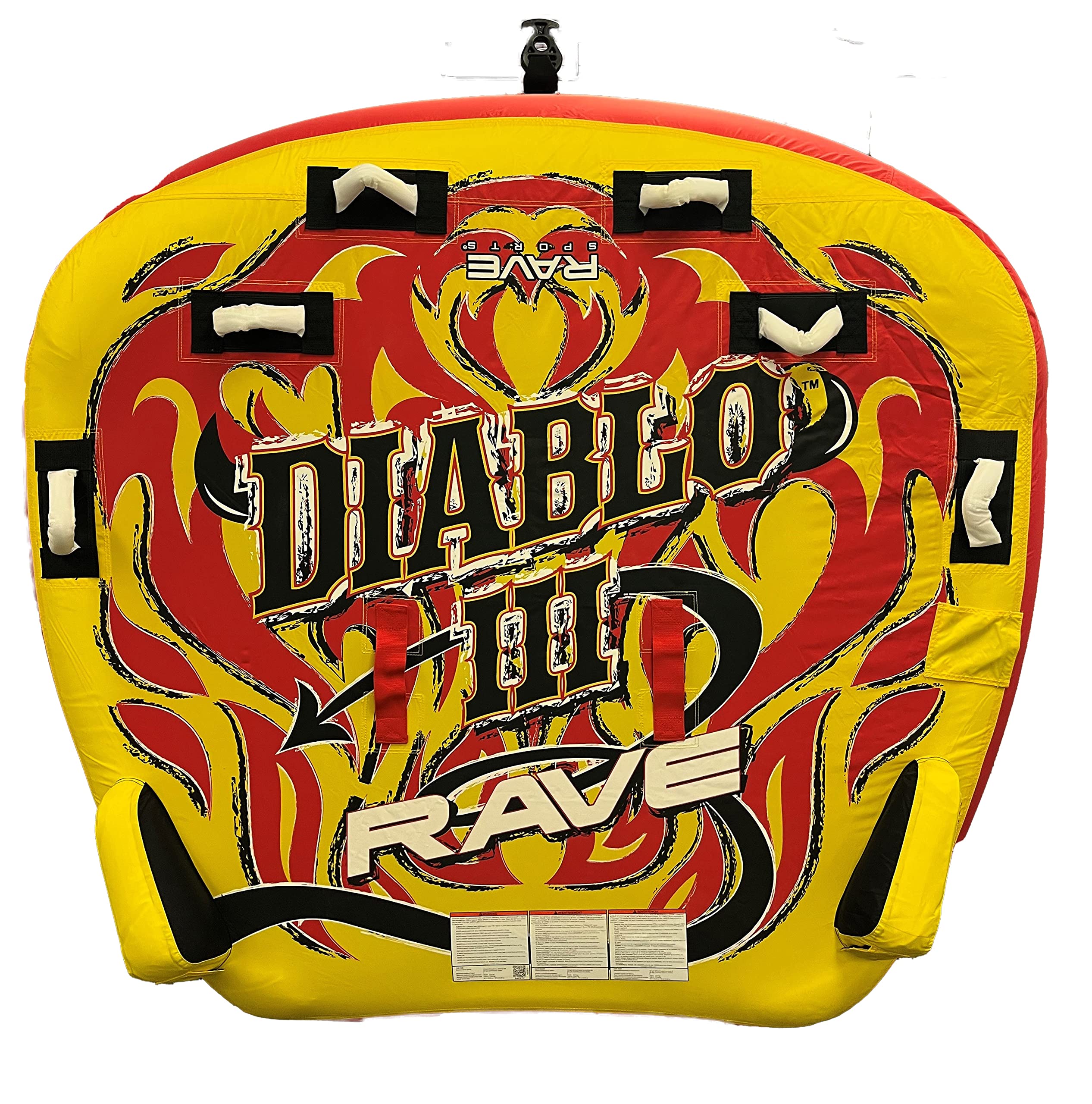 RAVE Sports Inflatable Diablo III Towable Tube, 1-3 Riders, Leg Bumpers for Safety, Foam-Filled Reinforced Handles, Quick Connect Tow Point, Deep Water Boarding Strap, Boat-Tubes