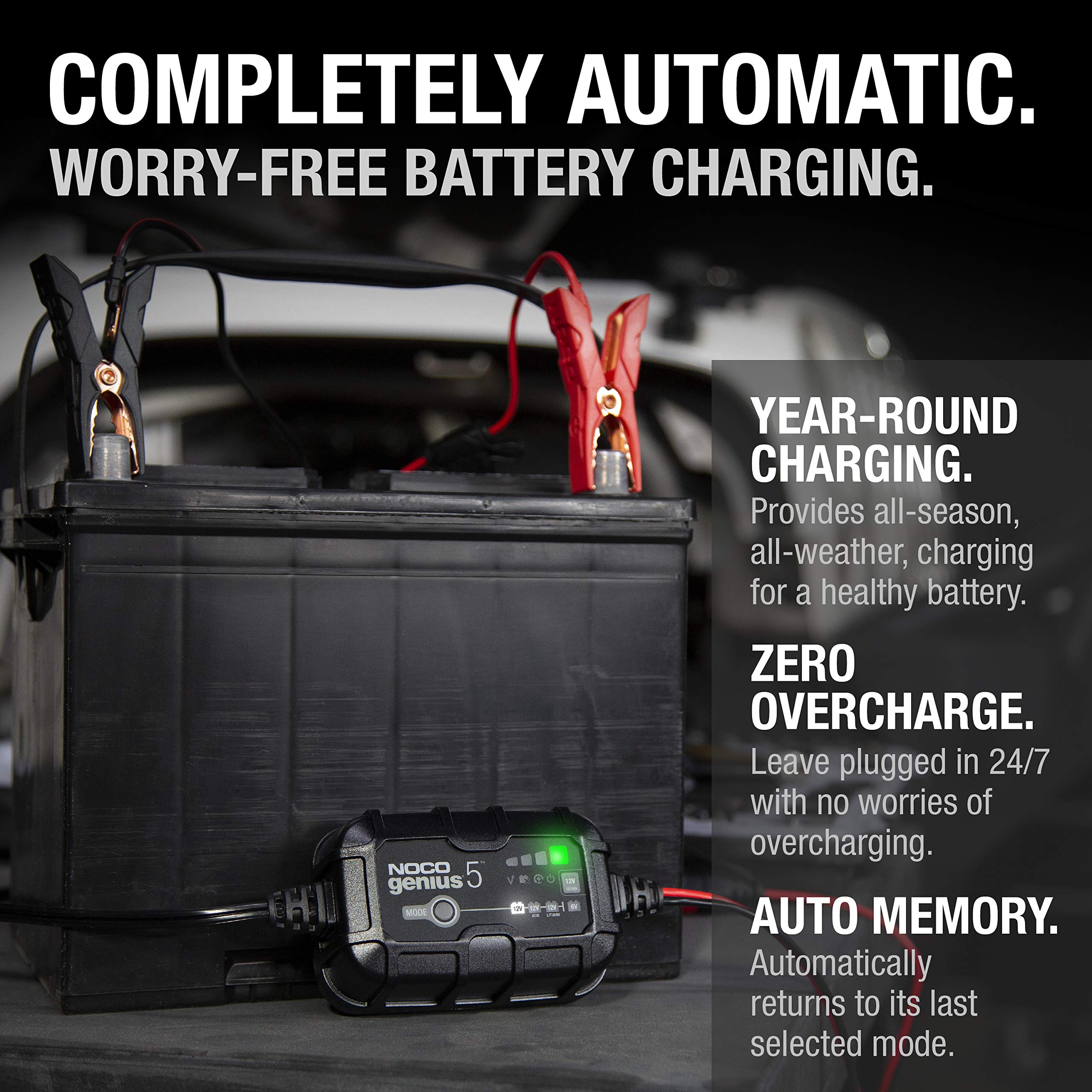 NOCO GENIUS5: 6V/12V Smart Battery Charger 5A – Automatic Maintainer, Trickle Charger & Desulfator with Overcharge Protection & Temperature Compensation – for Lead-Acid & Lithium Batteries