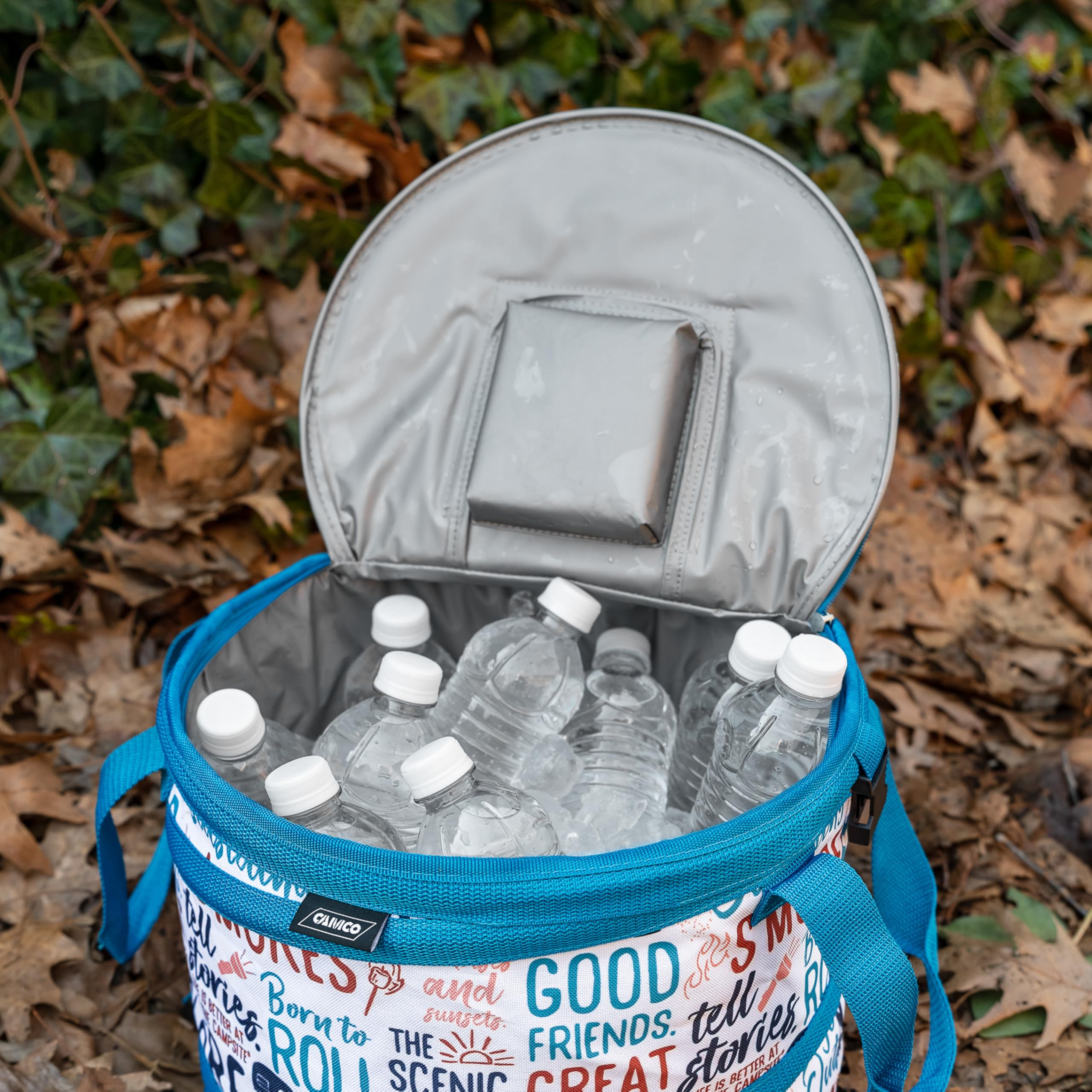Camco Pop-Up Soft Cooler is Better at The Campsite Life - Features a Water-Resistant Interior, Built-in Bottle Opener, and Camping Graffiti Design - Holds Up to a 12-Pack of Bottles or Cans (53416)