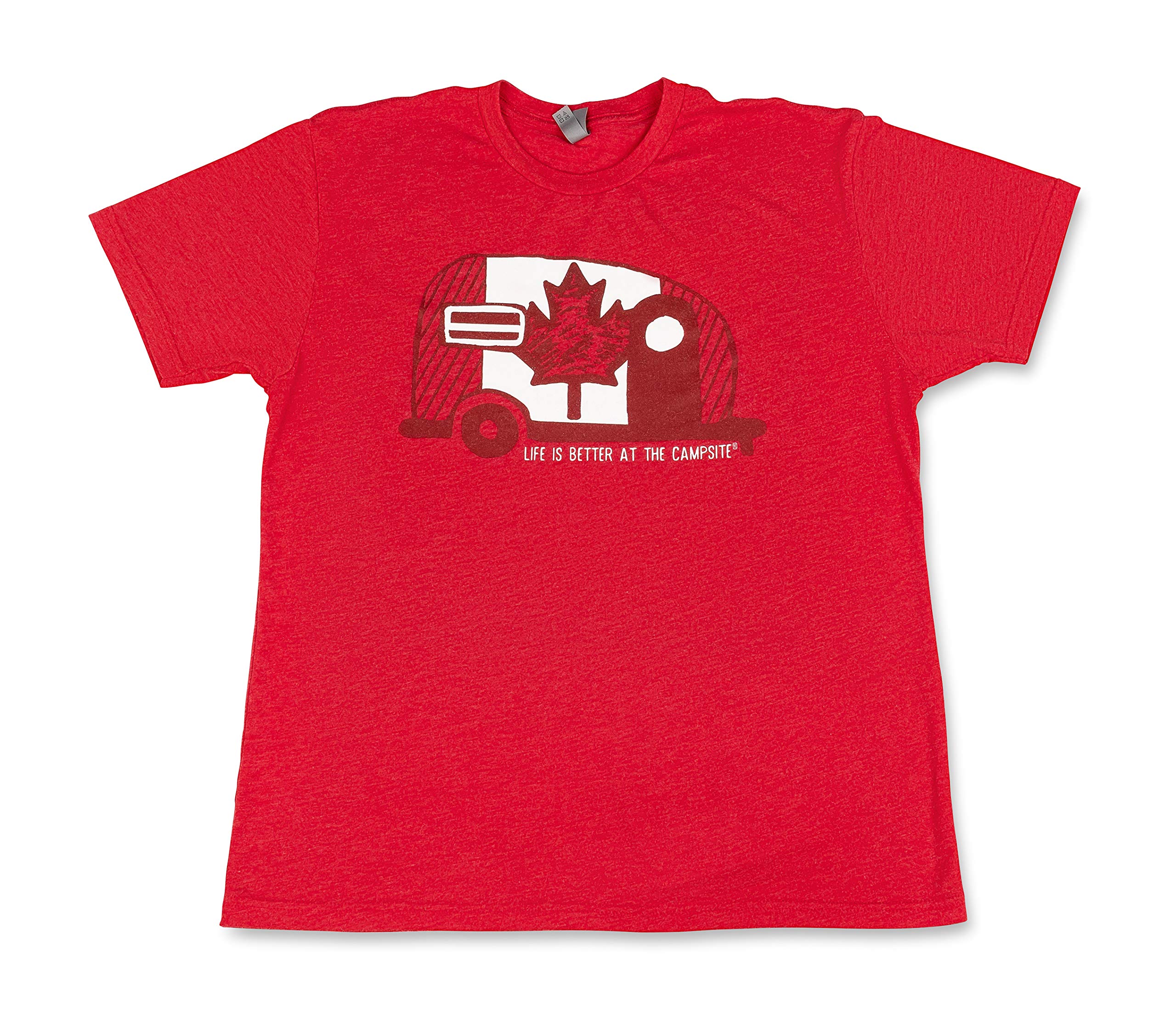 Camco Crew Neck Life is Better at The Campsite Short Sleeve T-Shirt | Features Soft Ring-Spun Cotton Fabric, Canada Flag Camper Design on Vintage Red, and is Machine Washable | Small (53395)