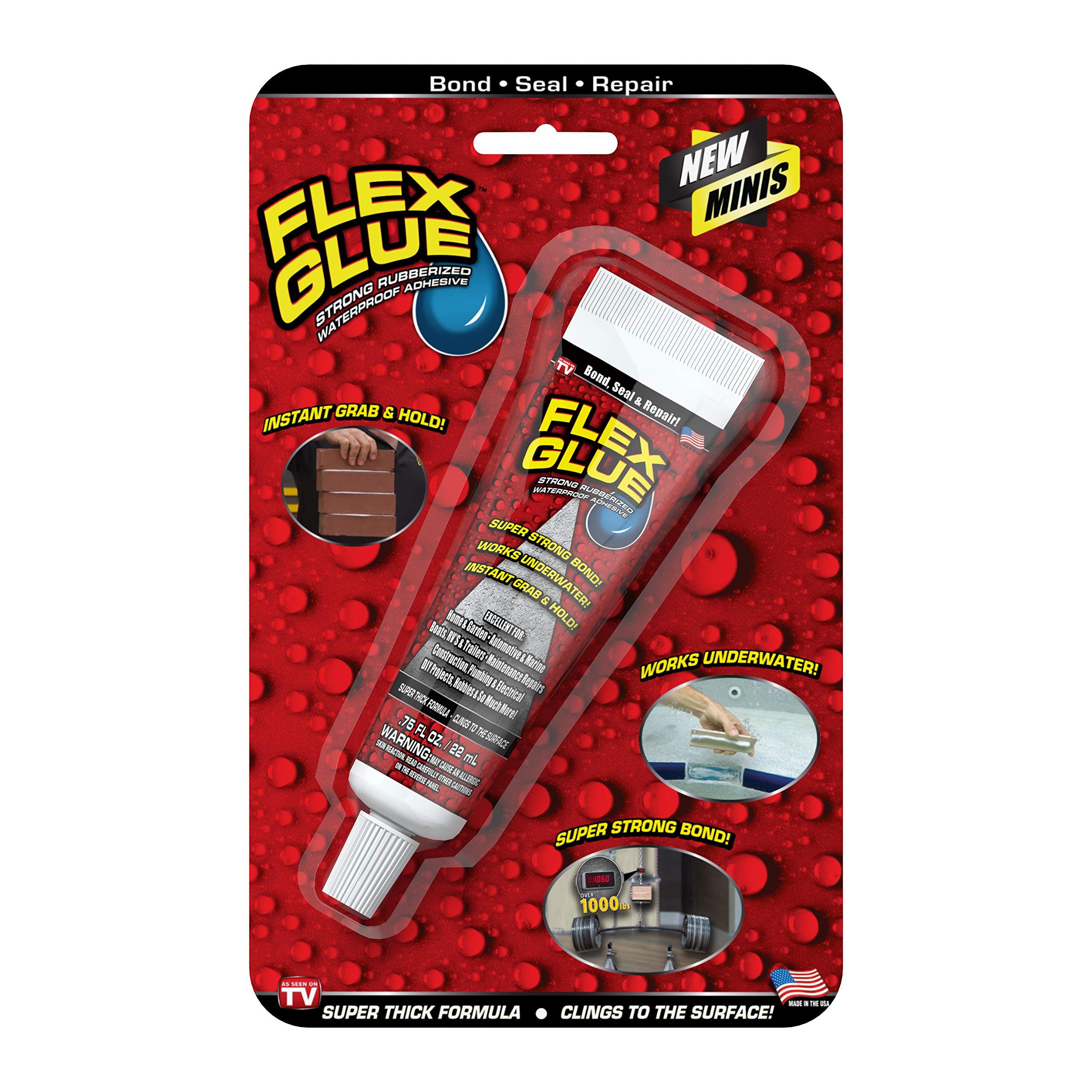 Mini Flex Glue, White, Super Strong, Rubberized Waterproof Adhesive, Works Underwater, Use On Pools, Showers, Outdoors, Concrete, Brick, Pavers, Masonry, and UV Resistant, 0.75 fl oz