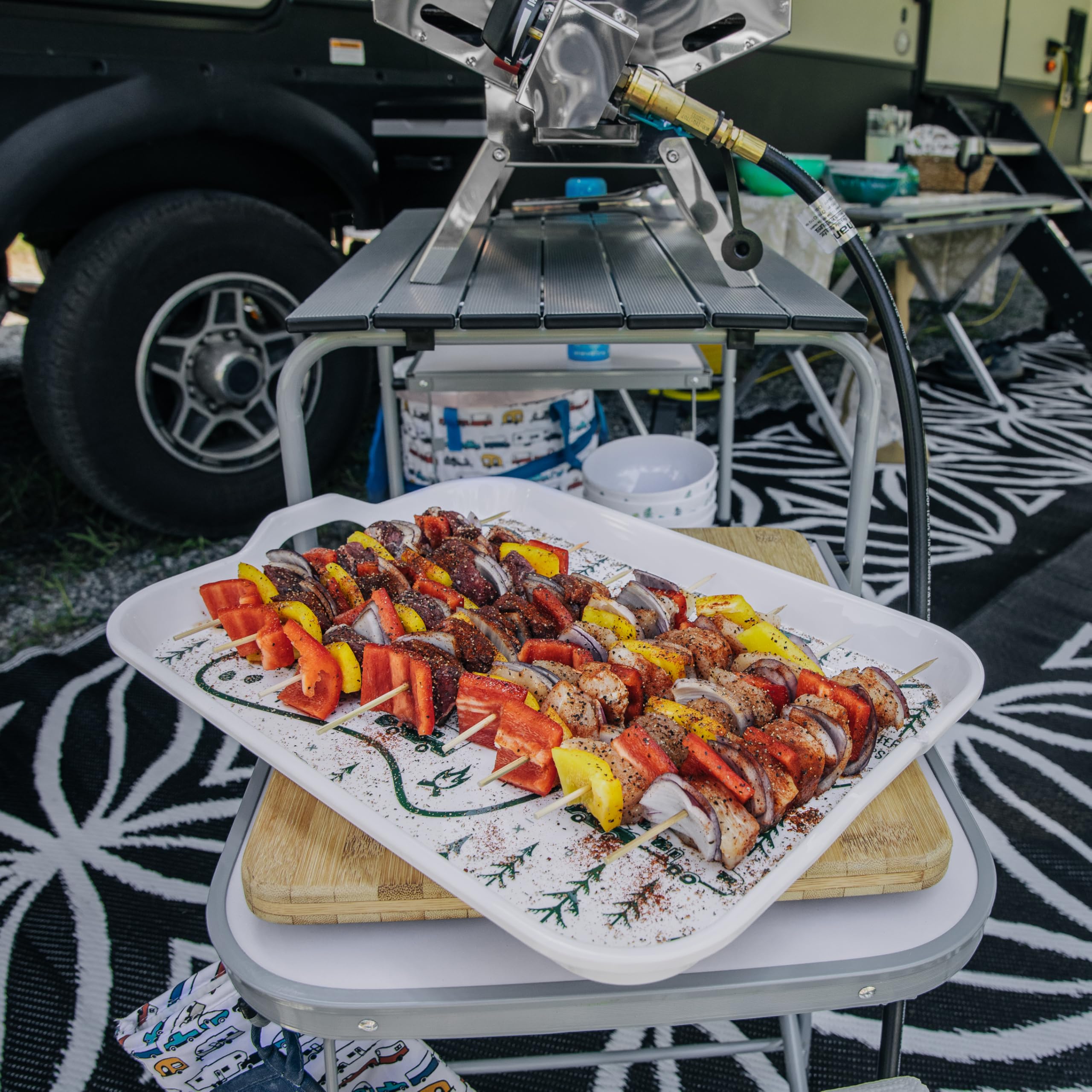 Camco Melamine RV Serving Tray is Better at The Campsite - Features RV & Map Themed Design - Great for Kitchen Prep, Picnics, Grilling, and More - Serving Platter is Dishwasher Safe (53488)