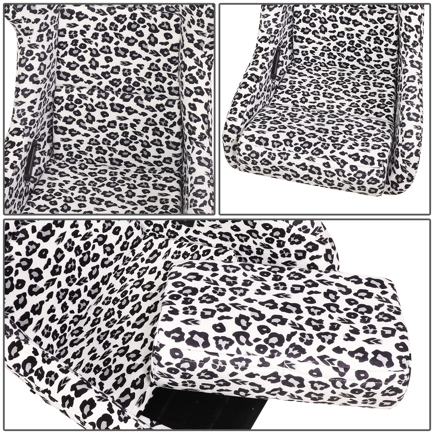 NRG Innovations Prisma Fixed Back Bucket Racing Seat NRG-FRP-302-WT-SAVAGE with Bottom Mount Bracket, White Savage Leopard Print Fabric/White Pearl Back, 24" W X 36" H X 18" D