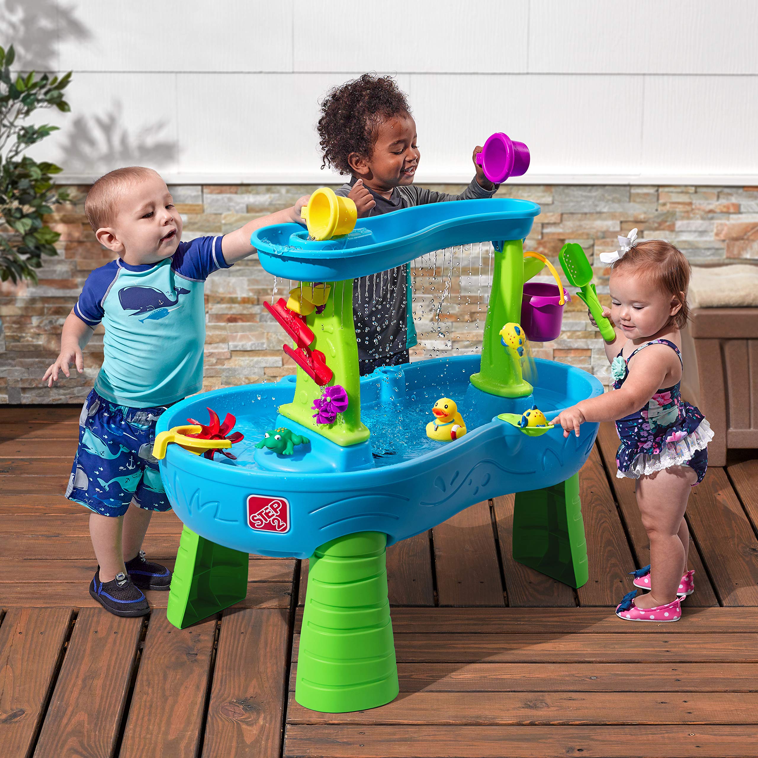 Step2 Splash Pond Rain Showers Water Table, Kids Water and Sand Activity Sensory Playset, Summer Outdoor Toys, 13 Piece Water Toy Accessories, For Toddlers 1.5+ Years Old, Blue & Green
