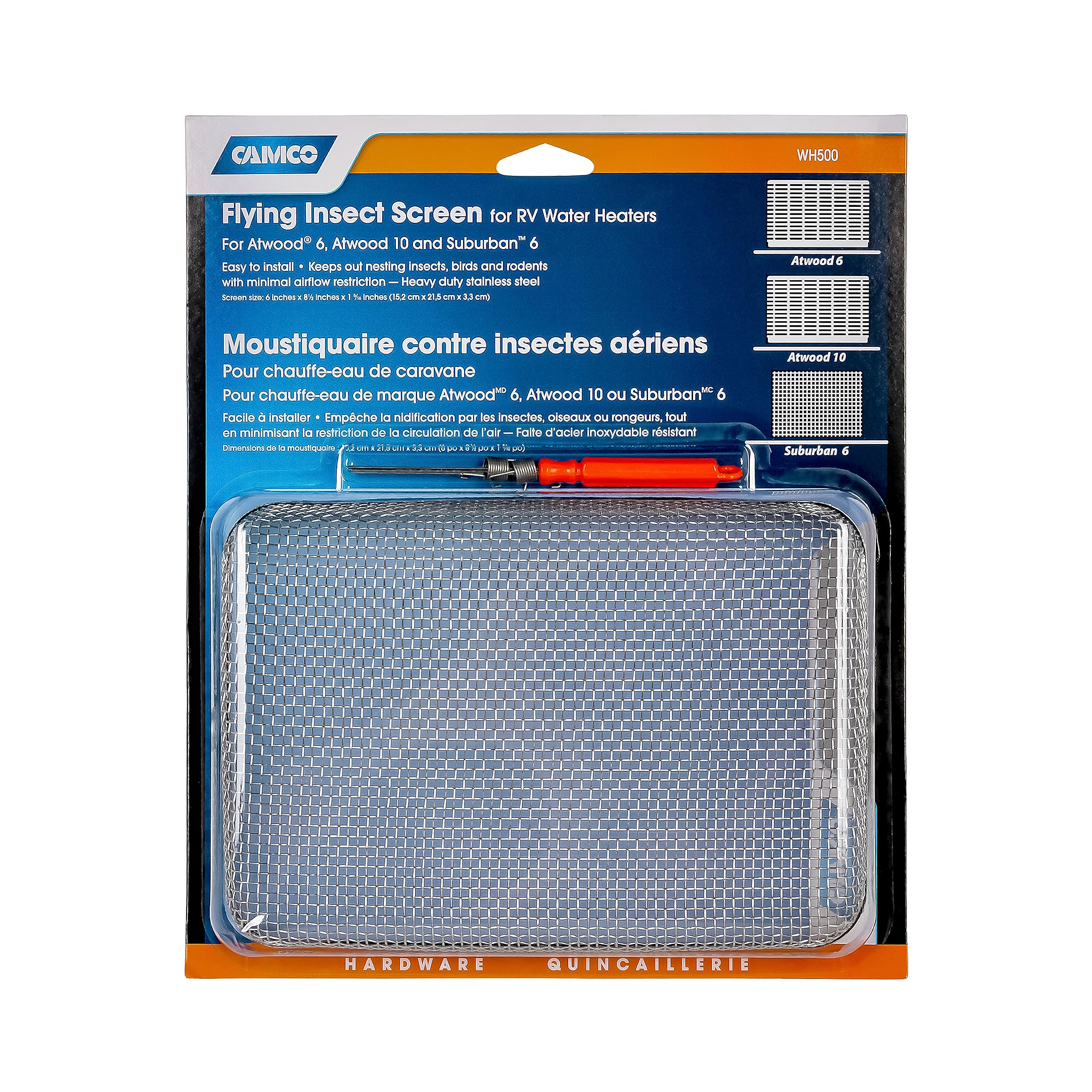 Camco Insect Flying Screen- Protects The Water Heater Vents from Flying Insect Nests, Stainless Steel Mesh, WH 500 -(42145),6" X 8.5" X 1.3", White