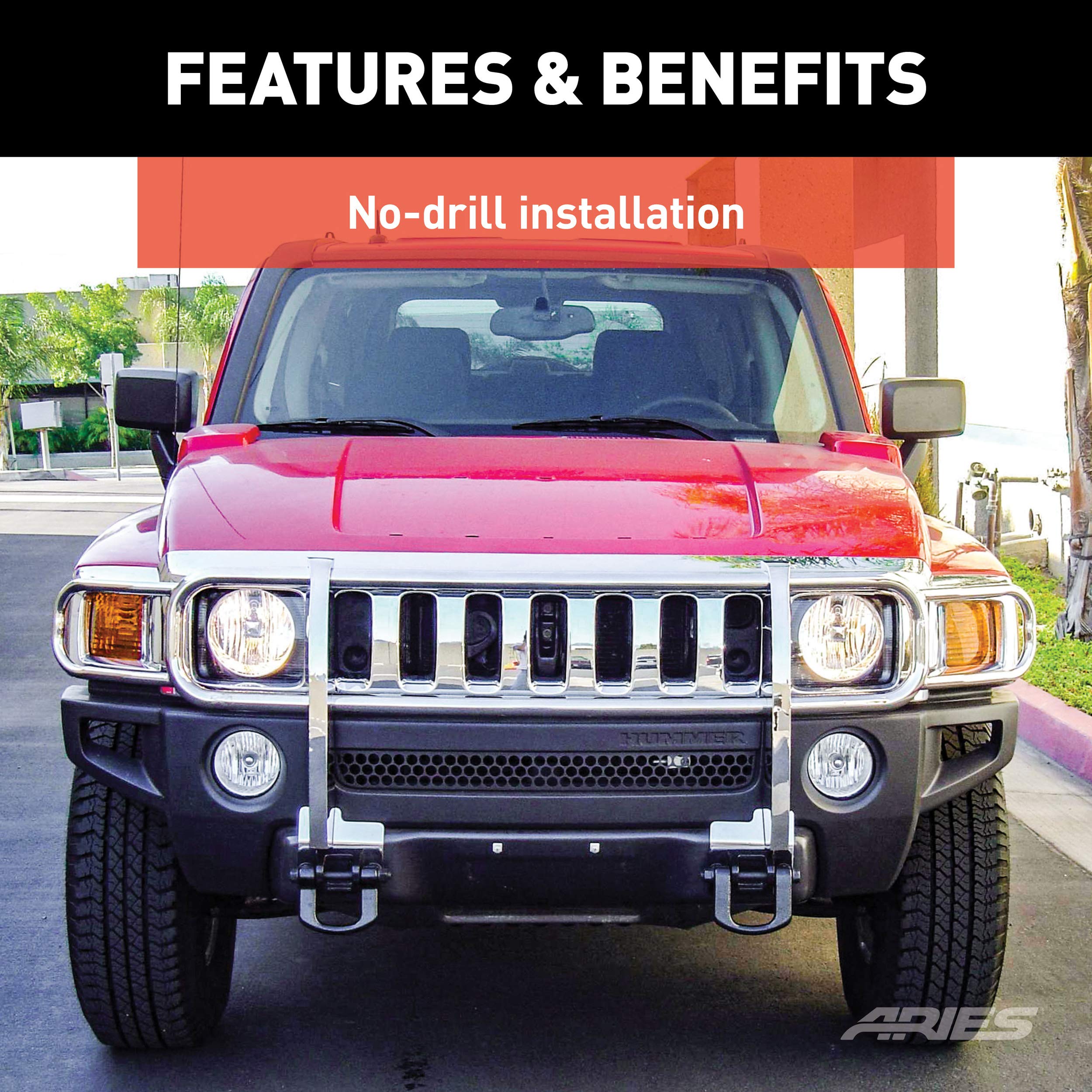 Polished Stainless Steel ARIES 4077-2 Grille Guard, No-Drill, Select Hummer H3, H3T
