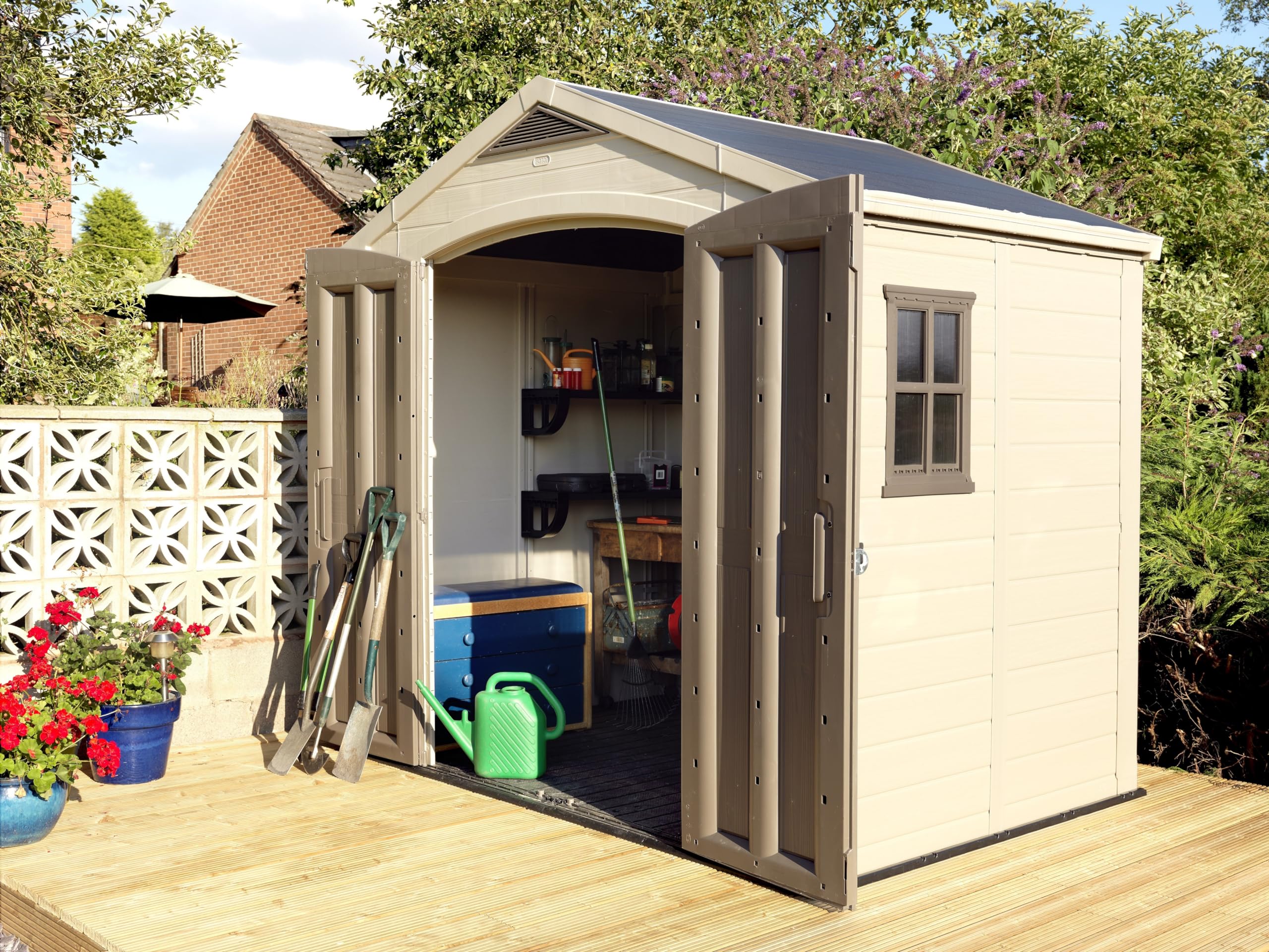 Keter Large Factor (8x6 ft) Resin Outdoor Storage Shed for Patio Furniture, Lawn Mower, Garden Accessories Yard Tools, and Pool Toys, Taupe