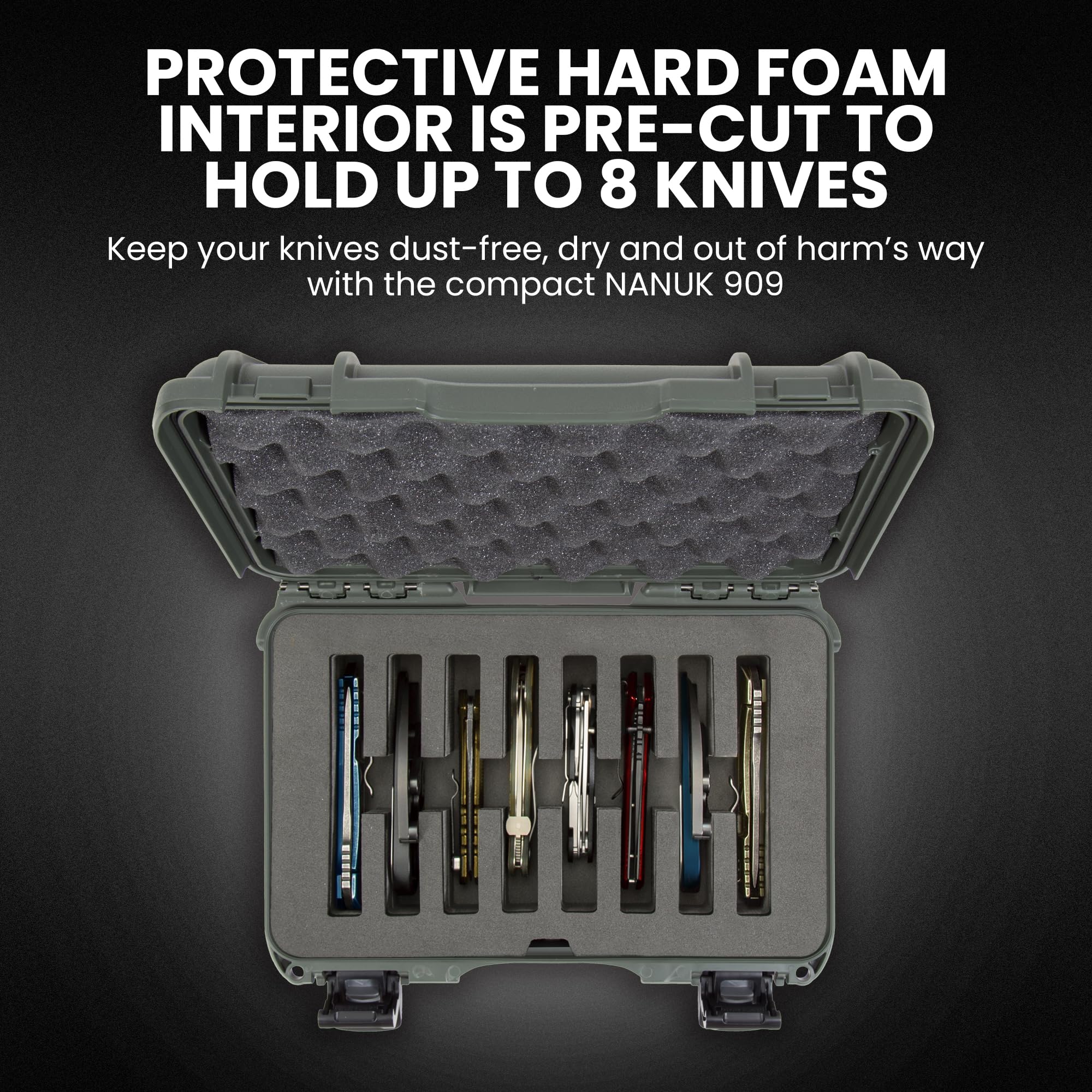 Travel Knife Case NANUK 909 – Waterproof Pocket Knife Storage with 8 Slots, 12.6” x 9” x 4.4” - Lightweight, Lockable, Dustproof, Impact-Resistant & Durable - Olive