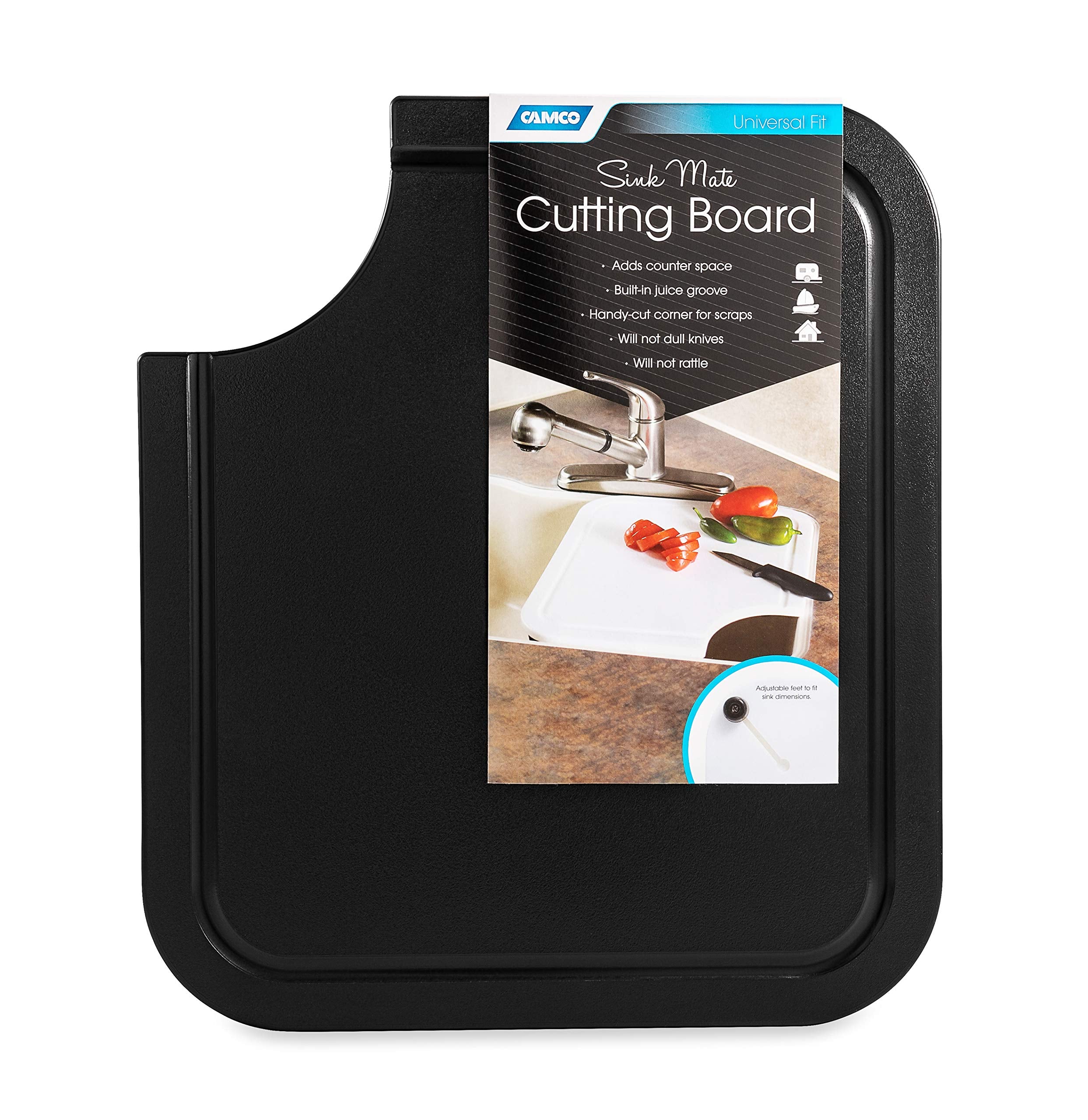 Camco Sink Mate RV/Marine Cutting Board 12½-Inches x 14 ½-Inches - Fits Securely Over Your RV or Boat's Kitchen Sink - Ideal for Cleaning, Carving and Chopping - Black (43858)