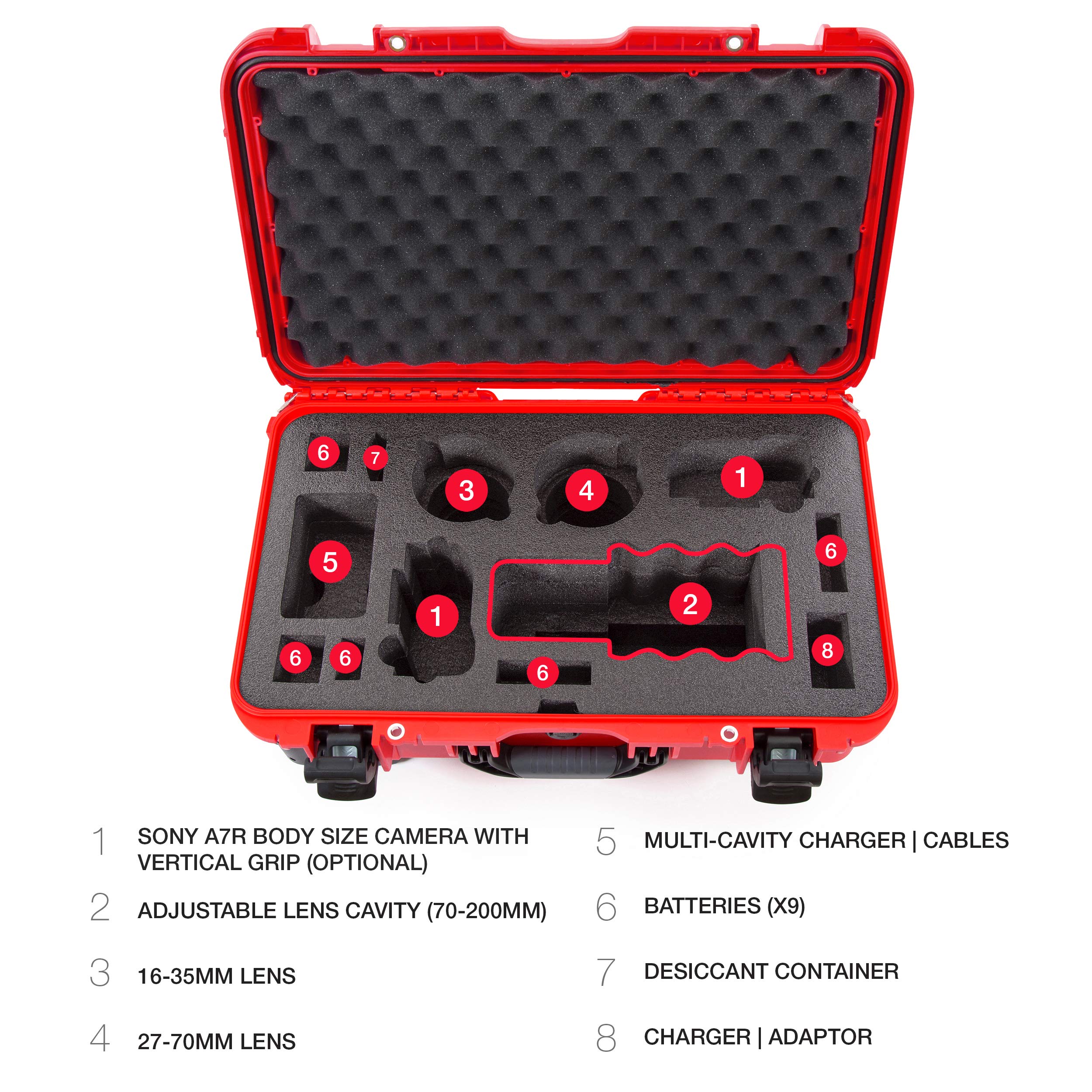 Waterproof Nanuk 935 Carry-On Hard Case with Custom Foam Insert for Sony a7R Size Camera w/Wheels - Red (935-ESON9)