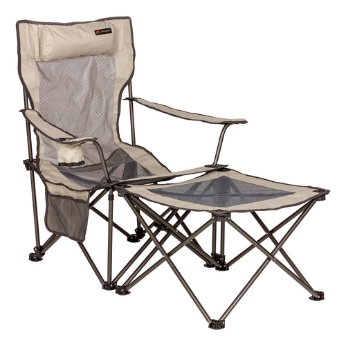 Sun Soaker Lippert Two-Position Vented Reclining Camping Chair with Footrest, 600D Polyester Fabric, Mesh Back/Seat, Padded Headrest, Cupholder, 250-lb. Weight Capacity, Sand Color - 2022114829